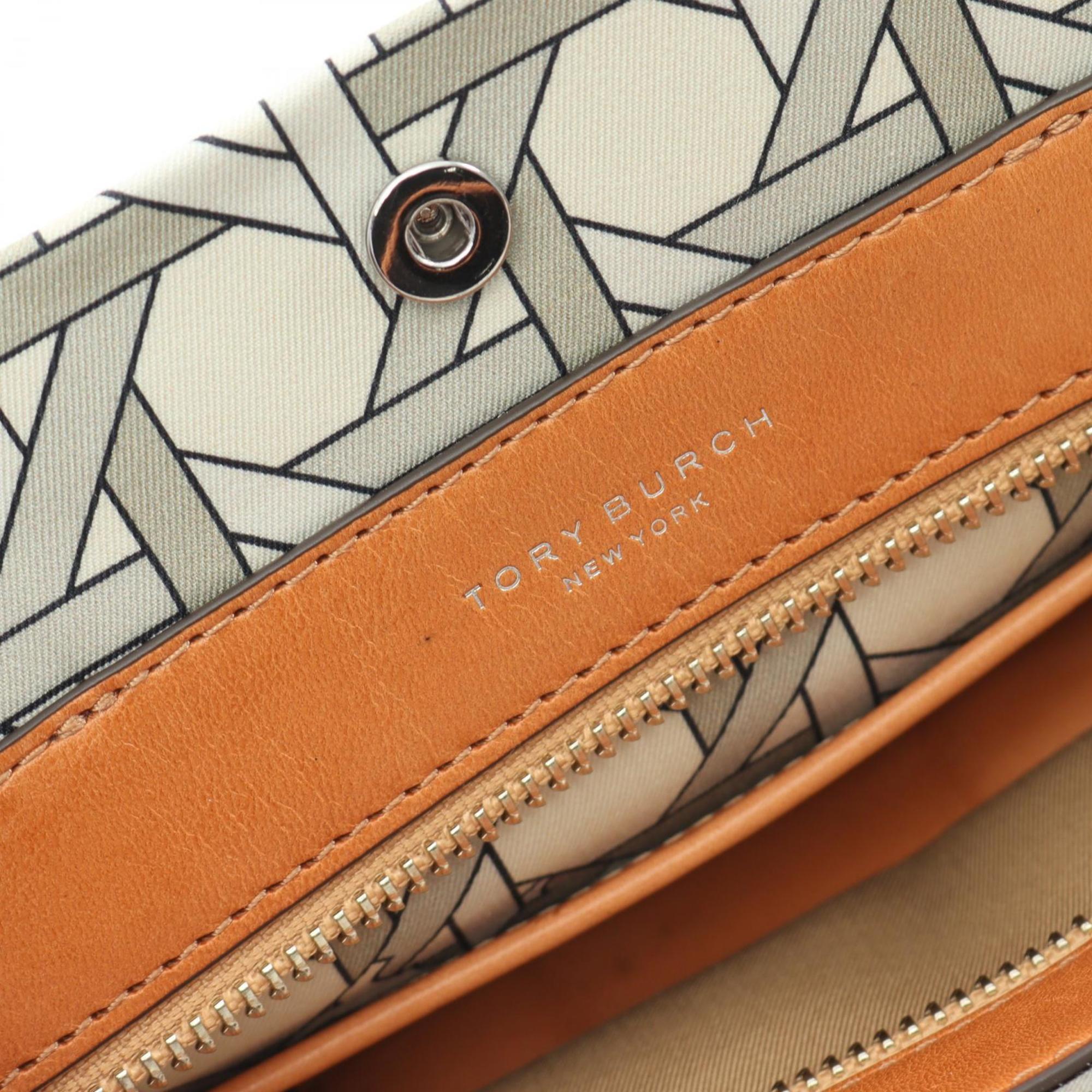 Tory Burch Beige Brown Multi-Color Canvas Leather Basket Tote Bag (Pre-Owned)