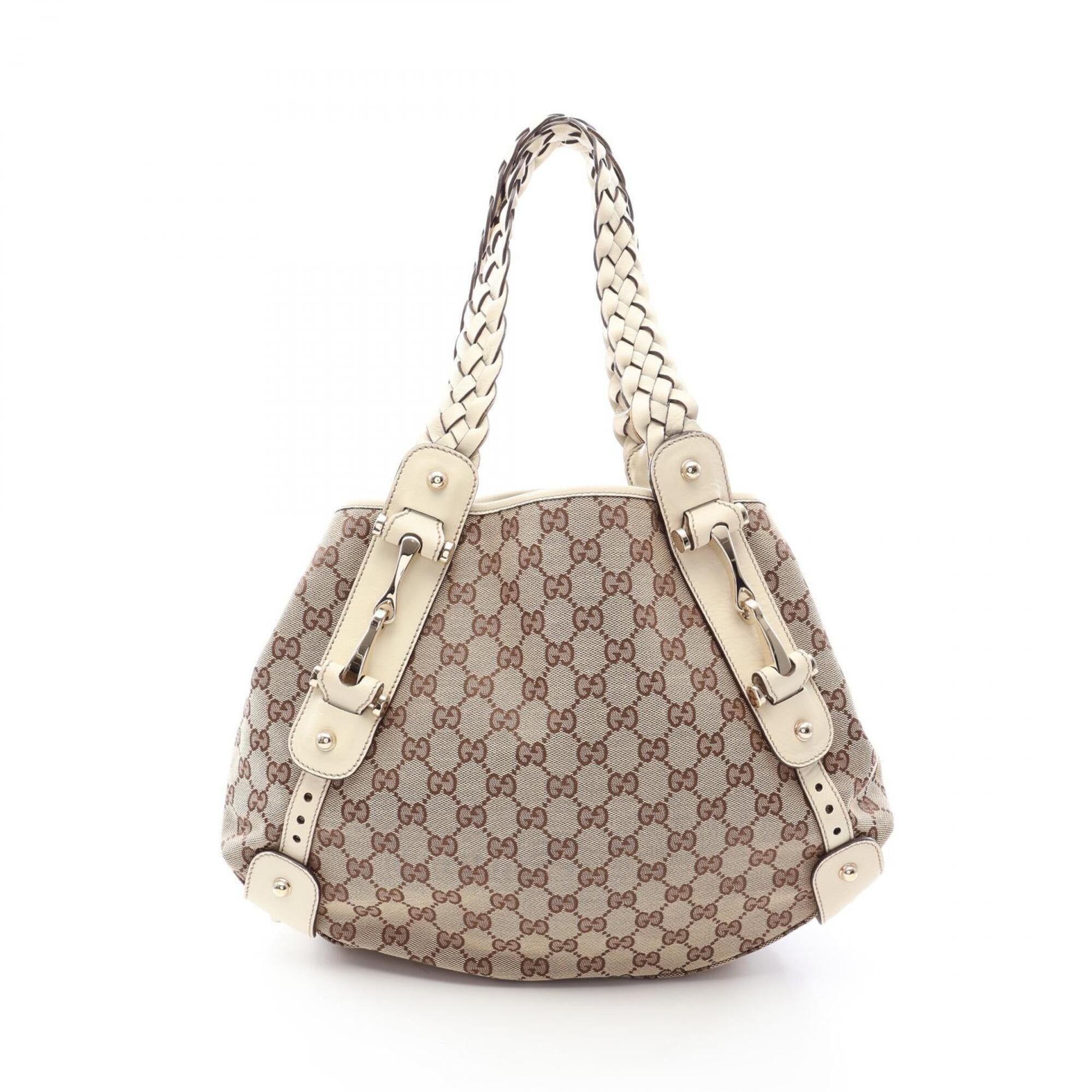 Gucci Beige White Canvas Leather Handbag Shoulder Bag (Pre-Owned)
