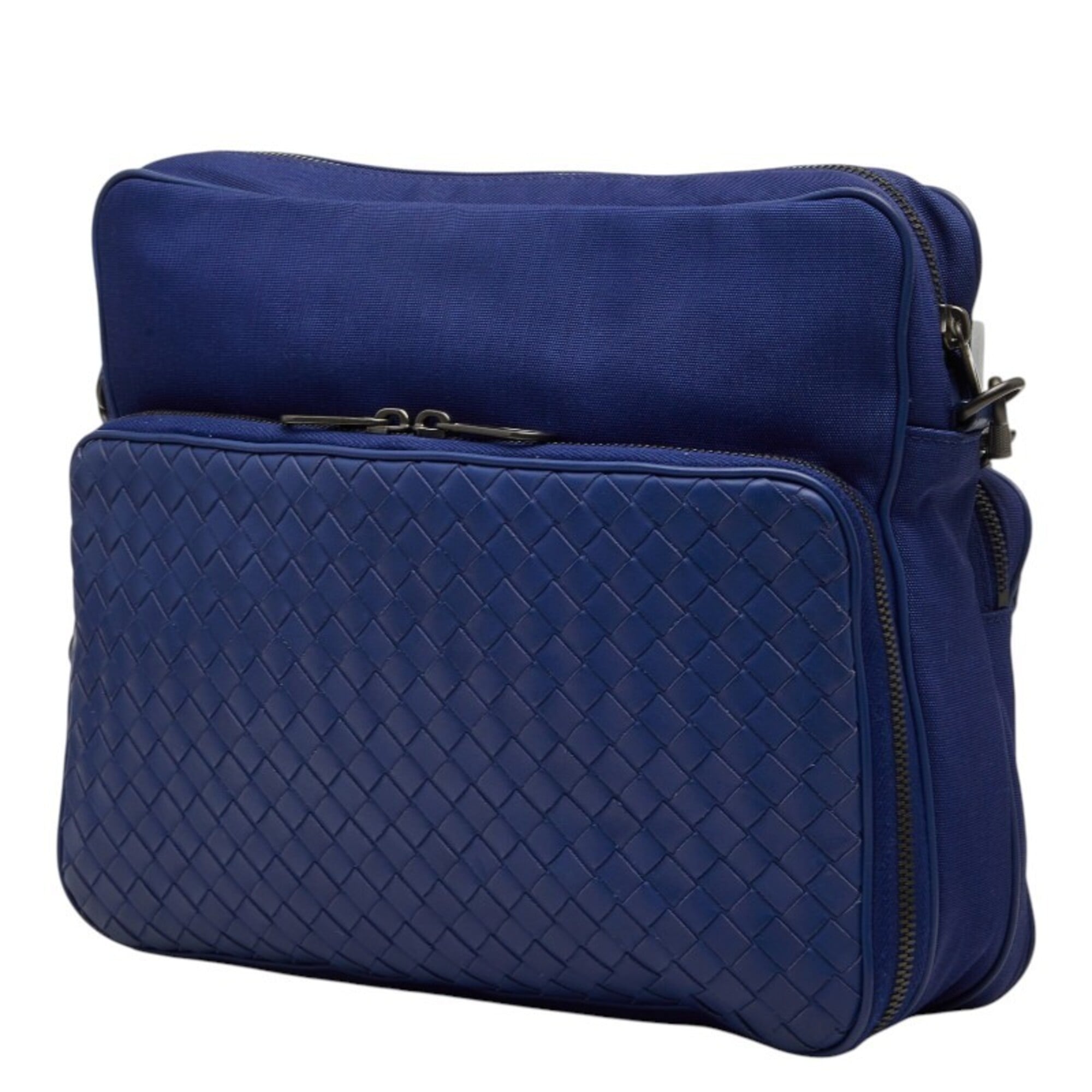 Bottega Veneta Intrecciato Blue Canvas Leather Messenger Bag Shoulder Bag (Pre-Owned)