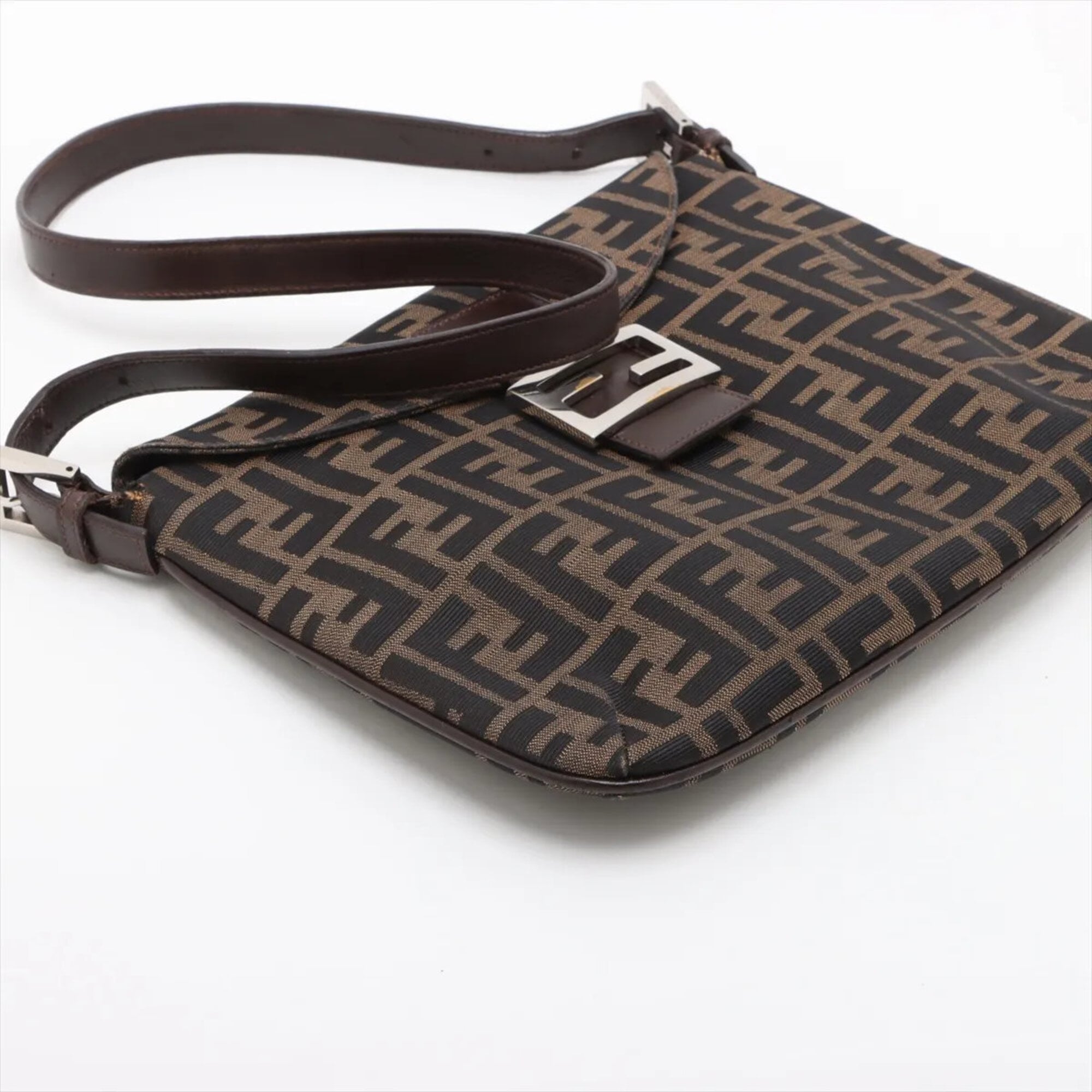 Fendi Brown Leather Canvas Handbag Shoulder Bag (Pre-Owned)