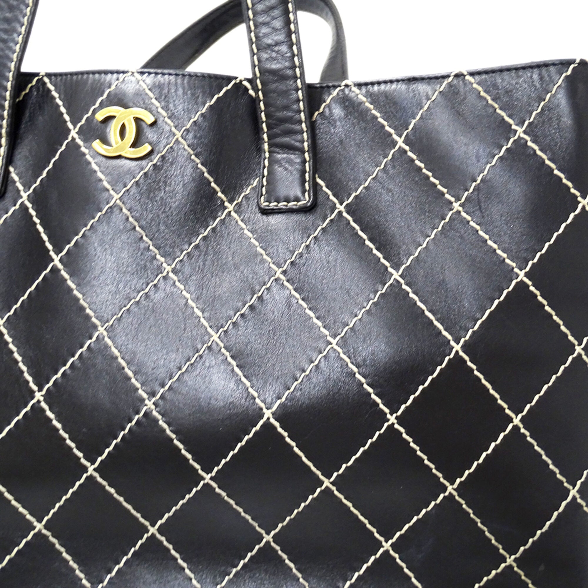 Chanel Wild Stitch Black Leather Handbag Tote Bag (Pre-Owned)