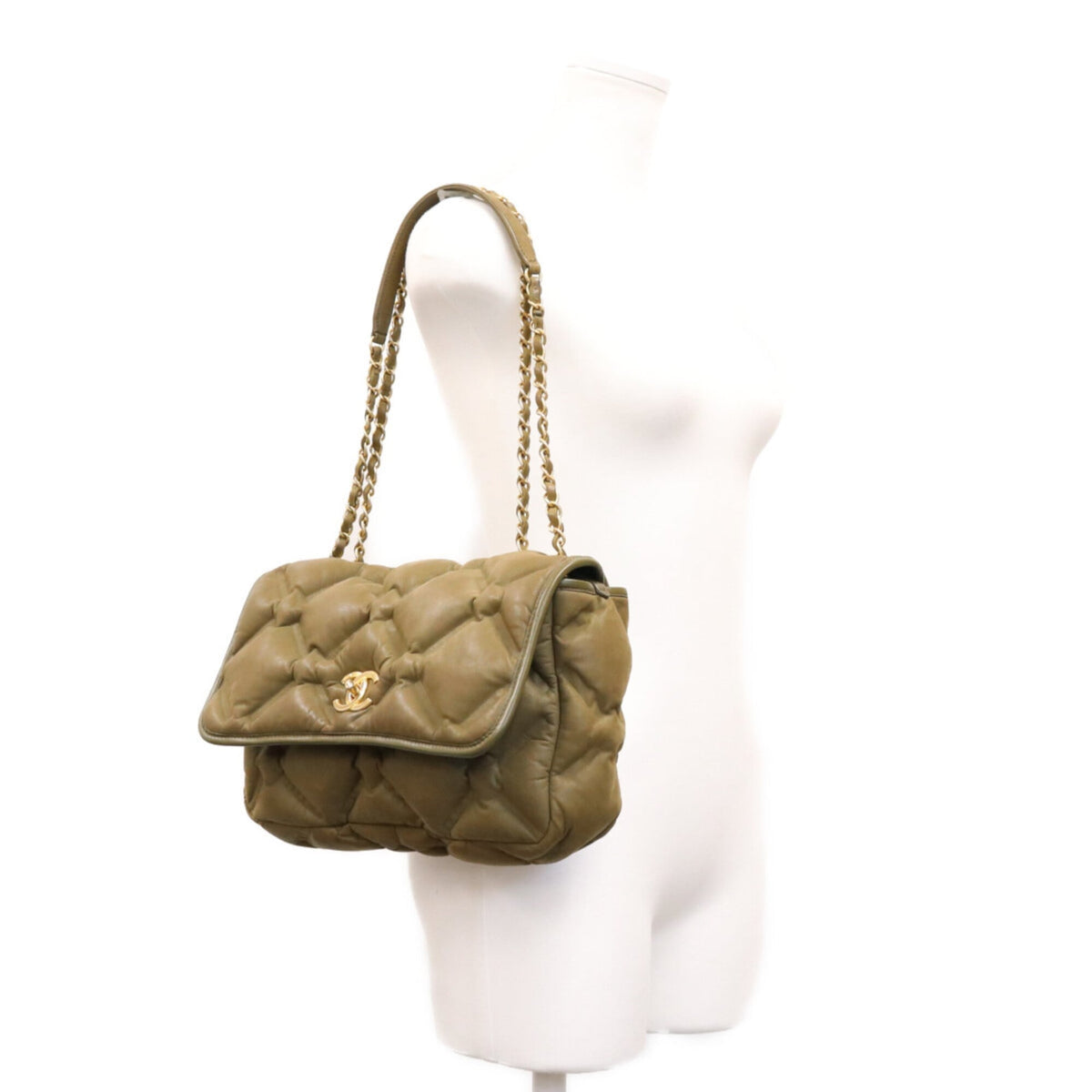 Chanel Khaki Leather Shoulder Bag (Pre-Owned)