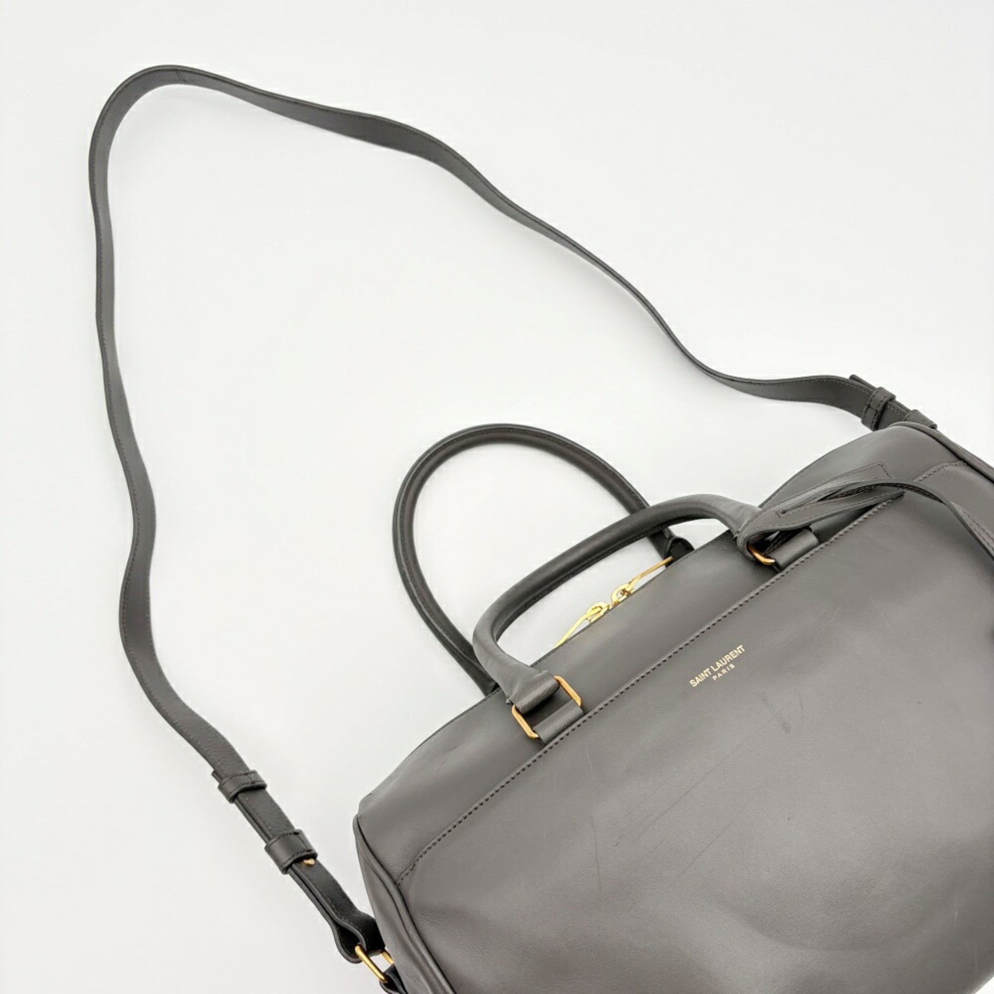 Saint Laurent Gray Leather Suede Boston Bag Shoulder Bag (Pre-Owned)