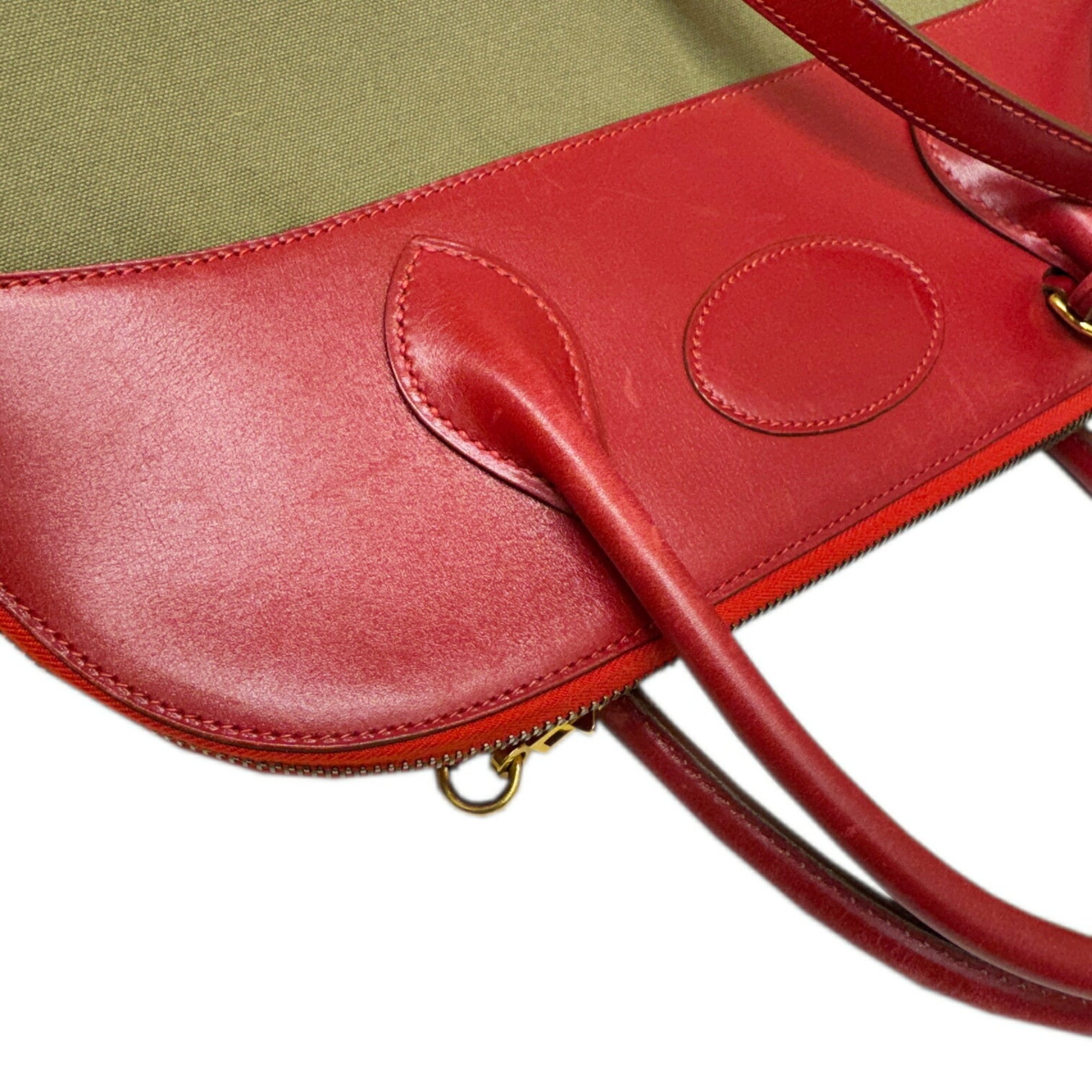 Hermes Khaki Rouge Garance Toile Officier Box Calf Leather Handbag Shoulder Bag (Pre-Owned)
