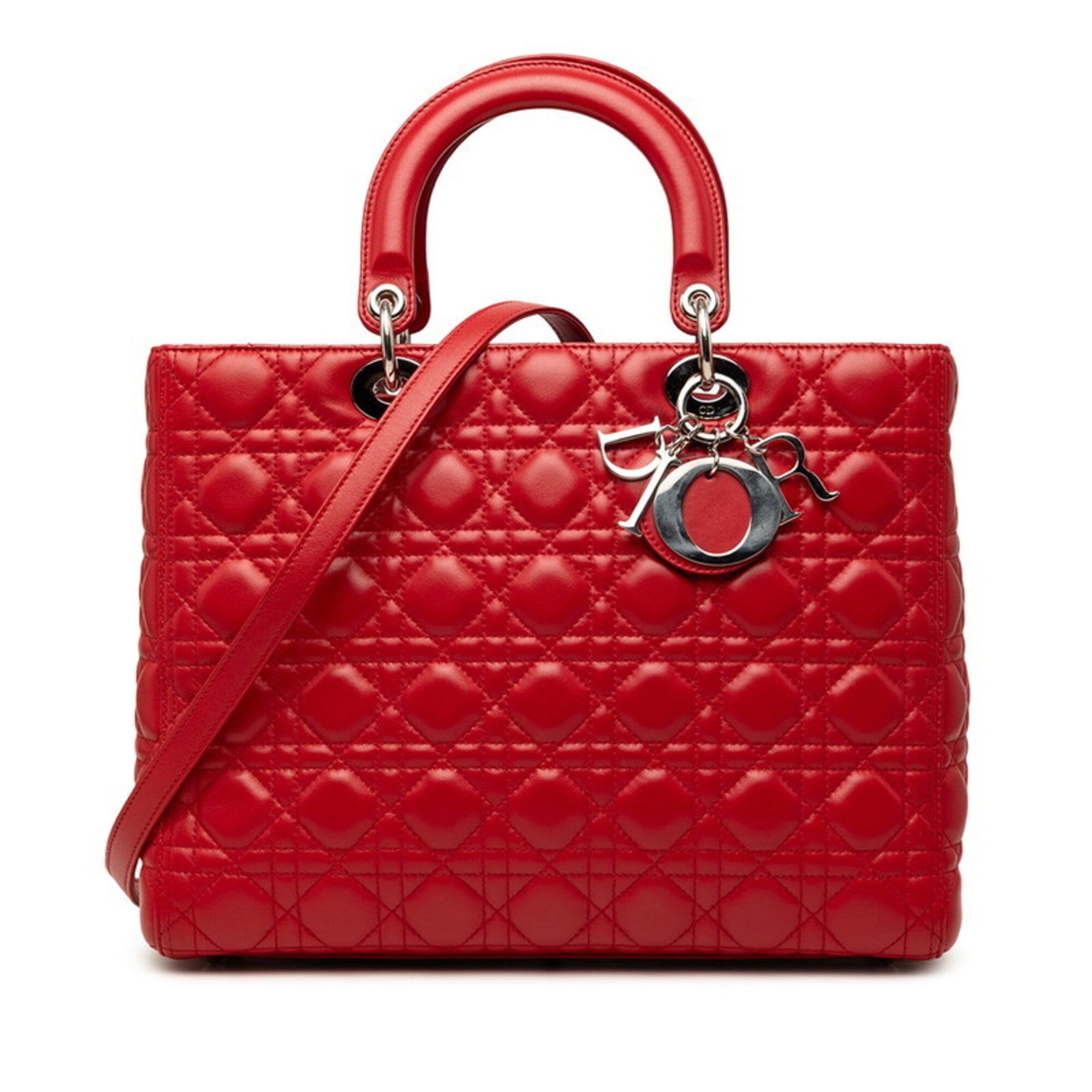 Christian Dior Lady Dior Red Color Leather Handbag Shoulder Bag (Pre-Owned)