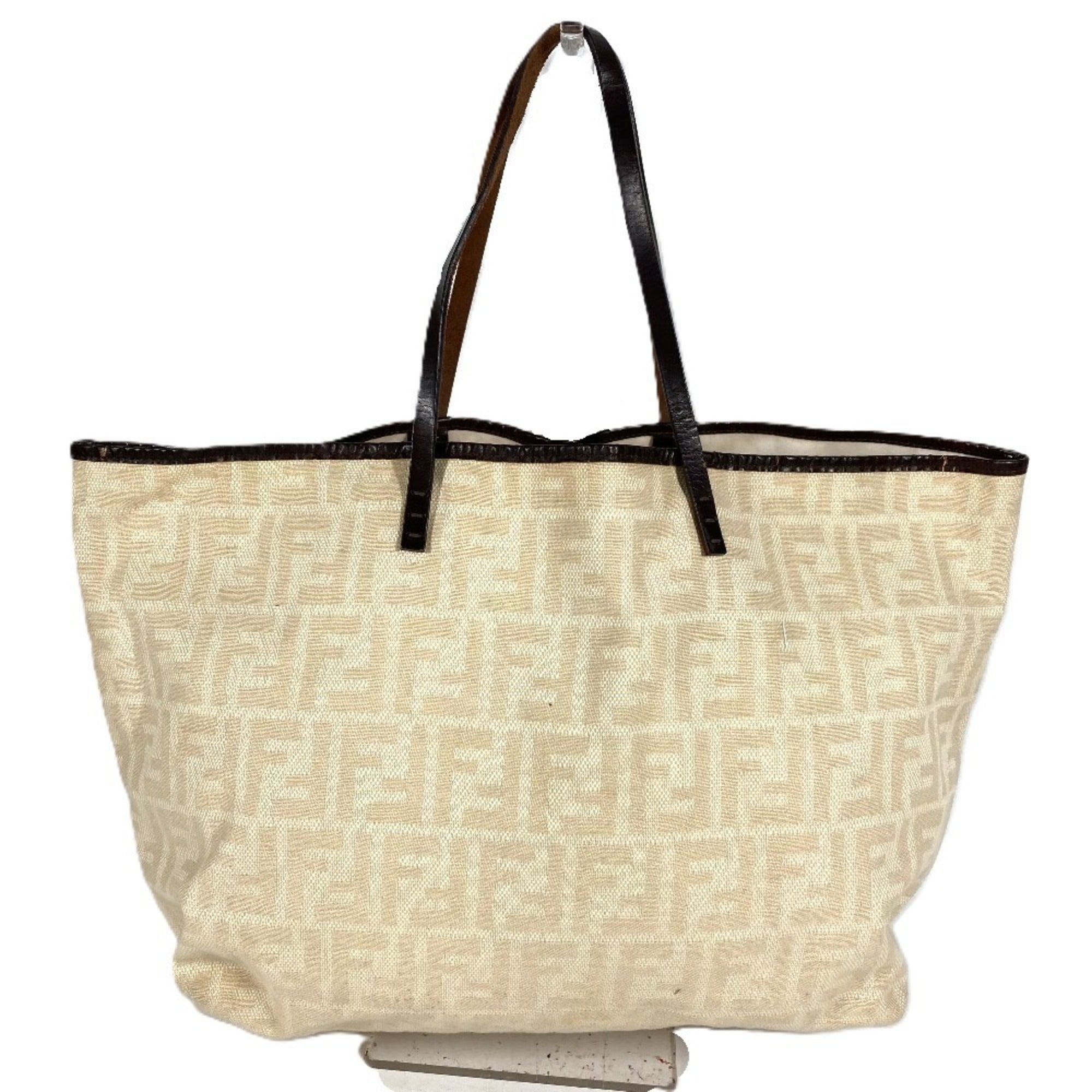 Fendi Beige Brown Yellow Canvas Leather Shoulder Bag Tote Bag (Pre-Owned)