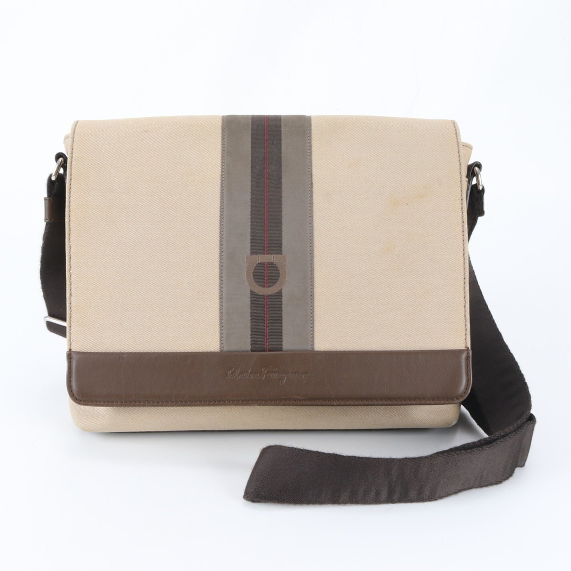 Salvatore Ferragamo Beige Brown Leather Canvas Messenger Bag Shoulder Bag (Pre-Owned)