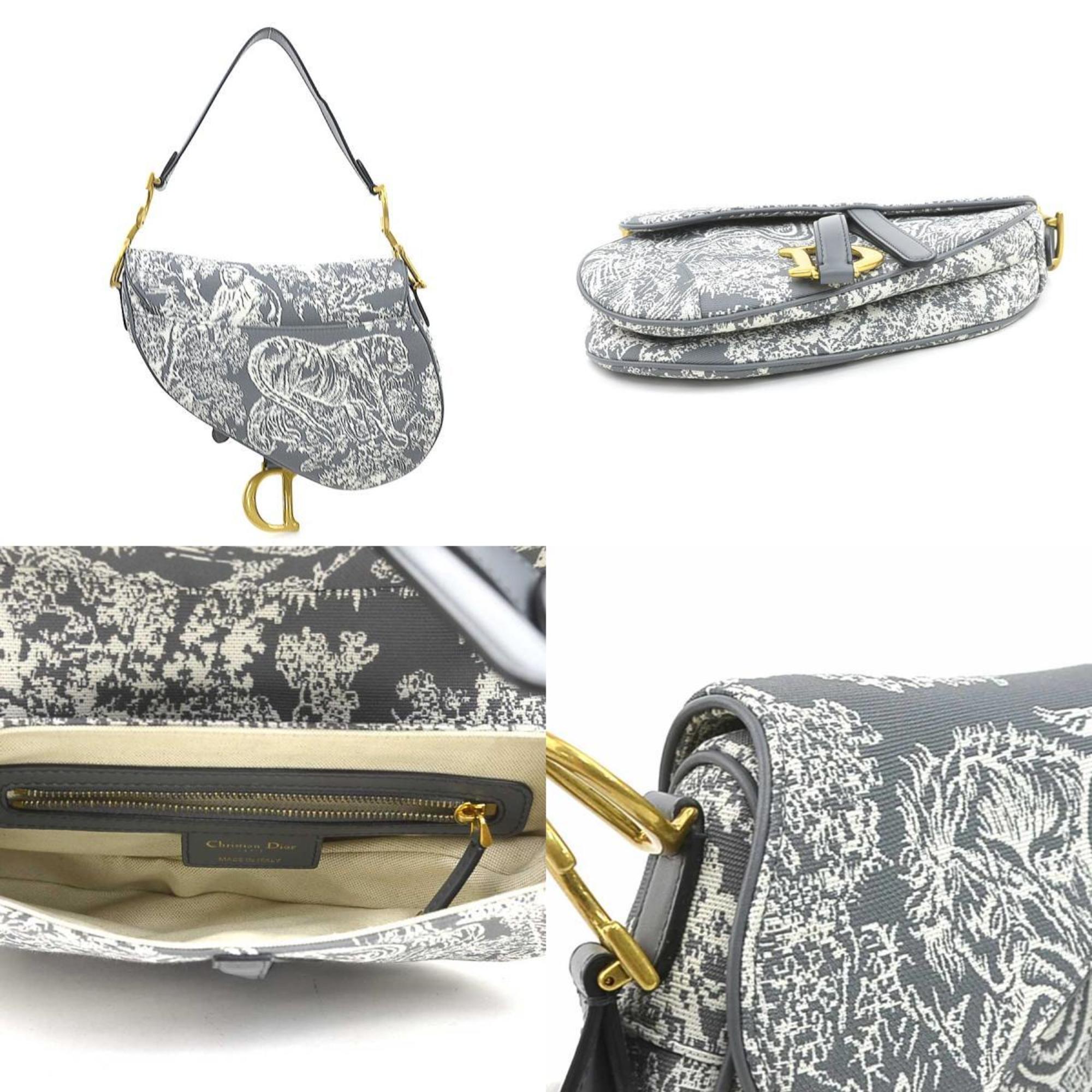 Christian Dior Gray Off-White Canvas Leather Shoulder Bag (Pre-Owned)