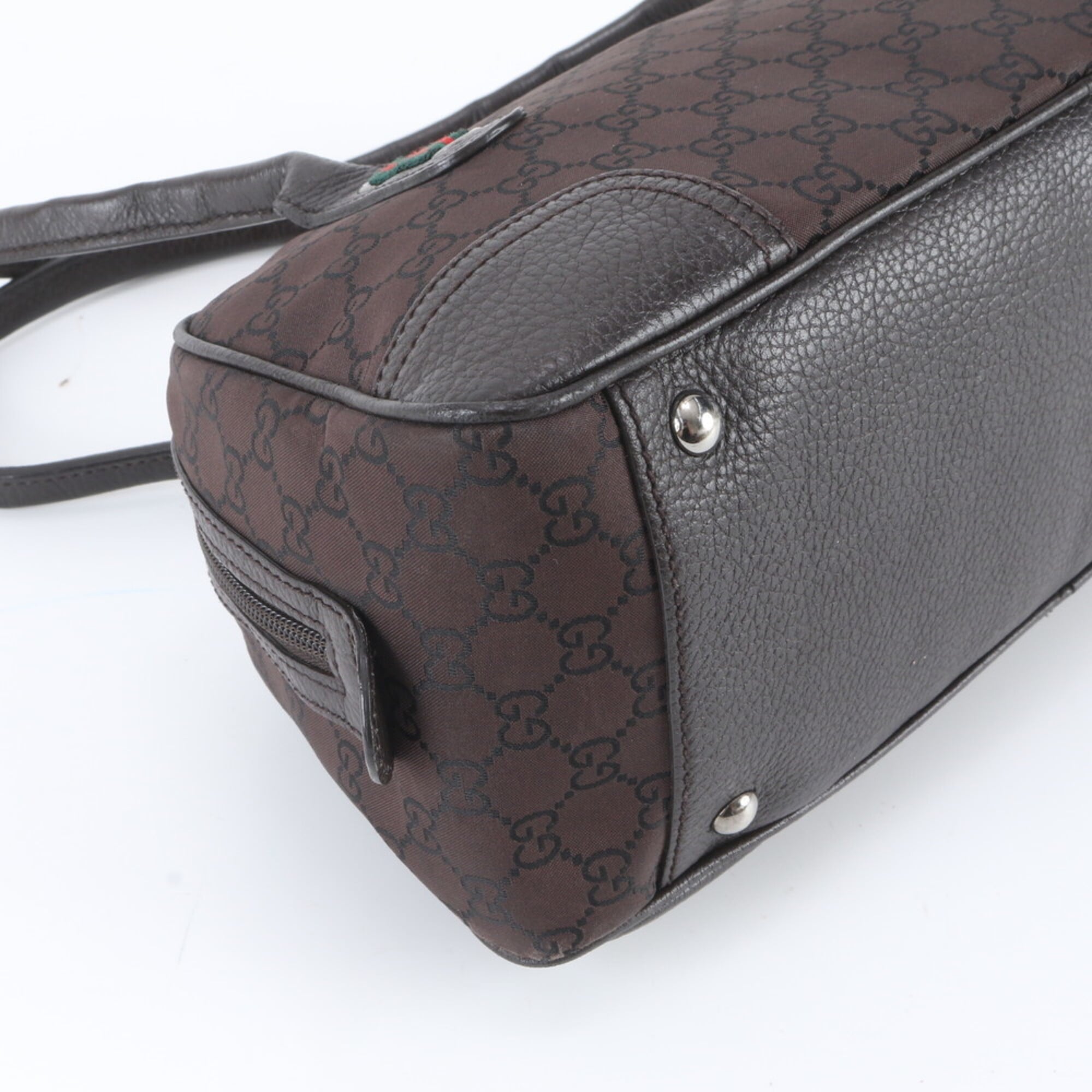 Gucci Sherry Line Dark Brown Nylon Leather Handbag Tote Bag (Pre-Owned)
