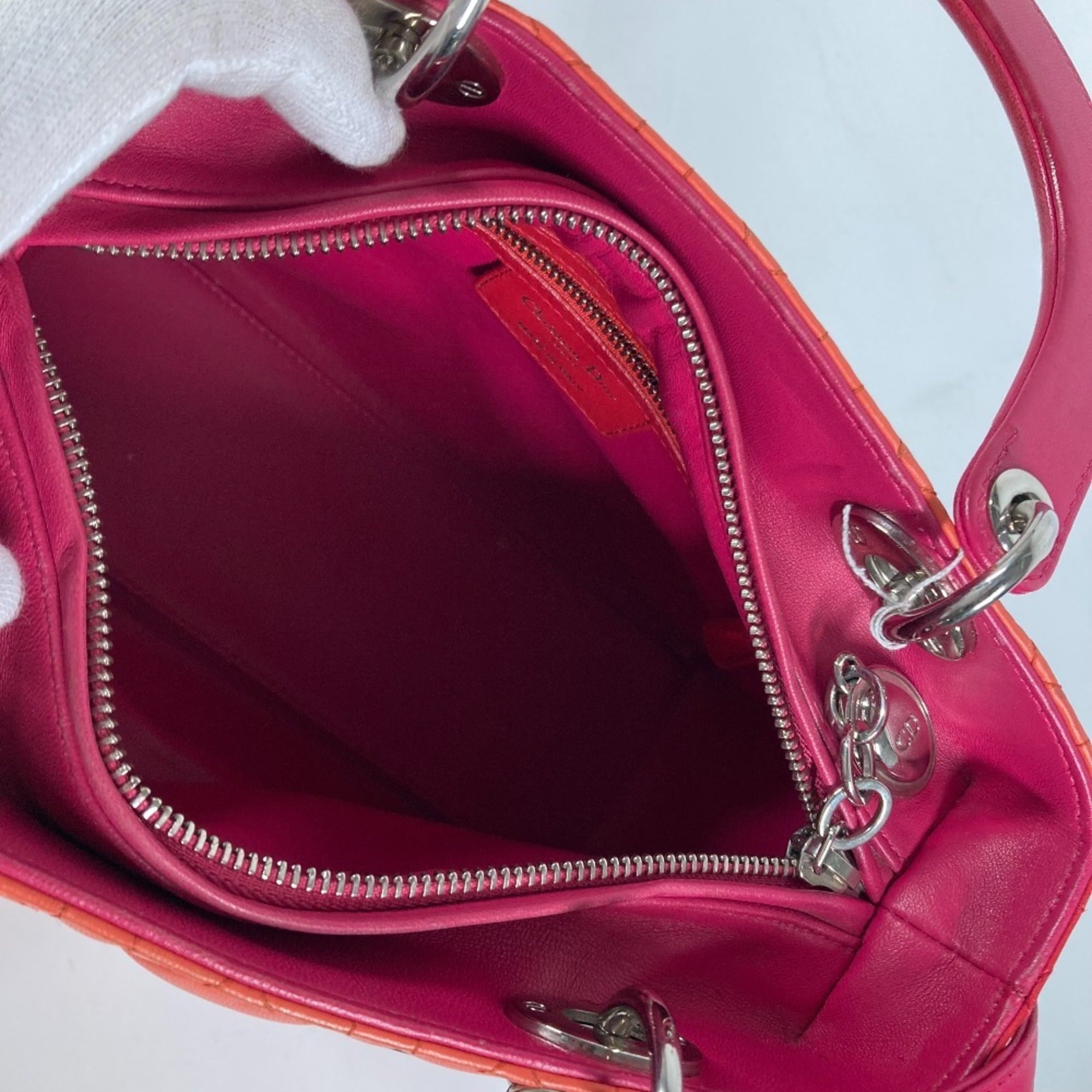 Christian Dior Lady Dior Orange Pink Red Color Leather Handbag Shoulder Bag Tote Bag (Pre-Owned)