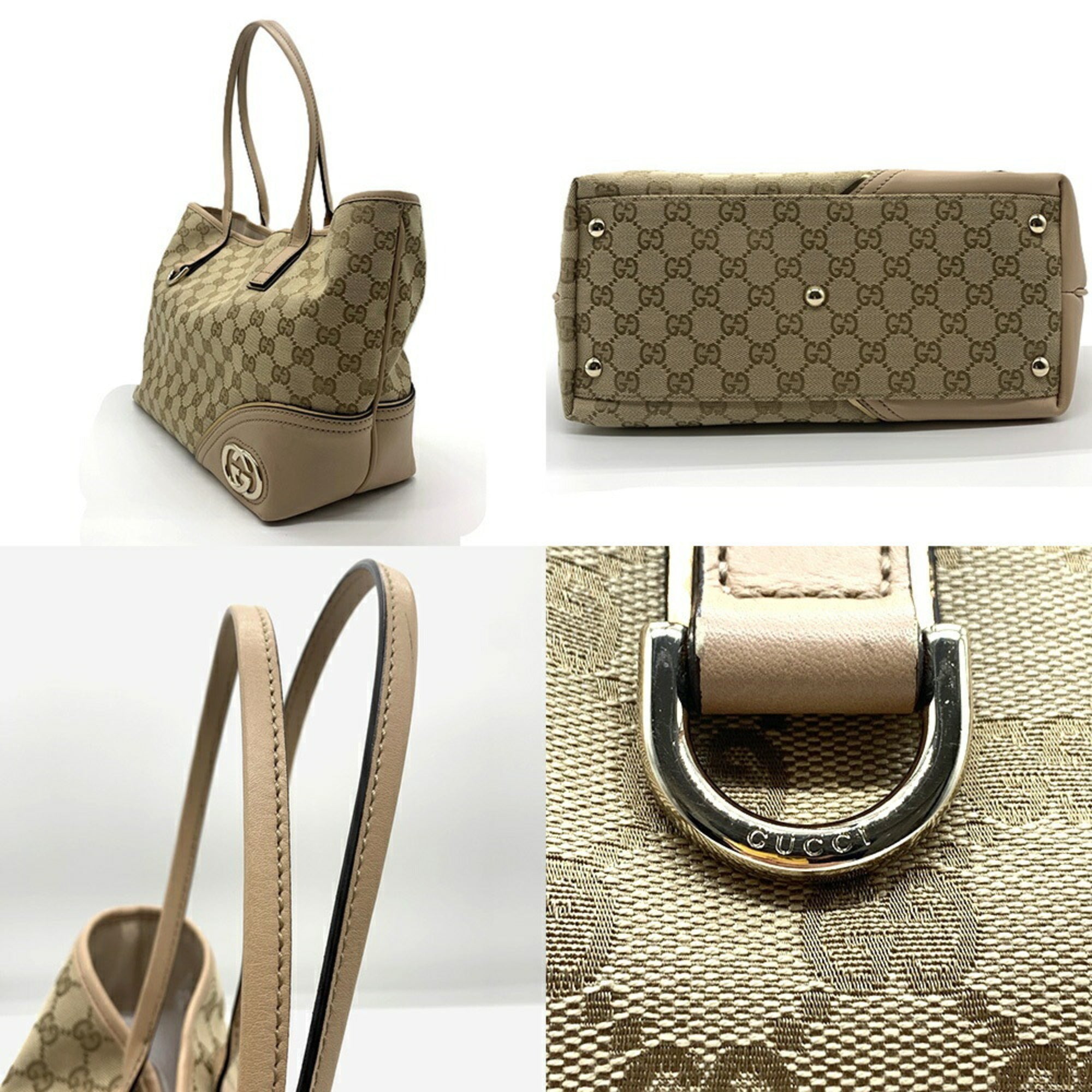 Gucci Gg Canvas Beige Khaki Pink Beige Gg Canvas Leather Tote Bag (Pre-Owned)