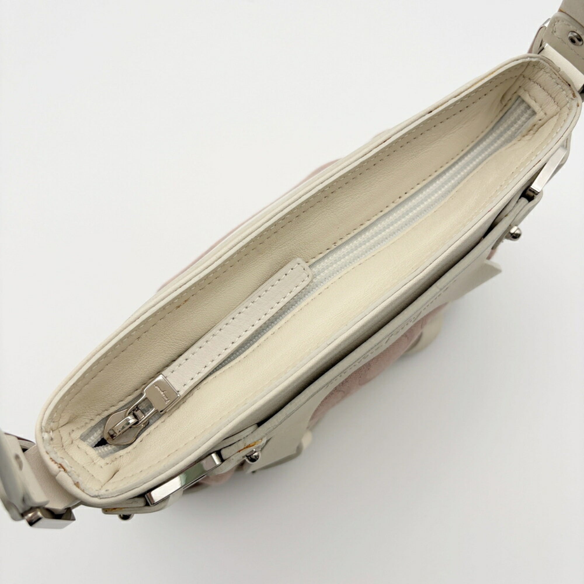 Salvatore Ferragamo Pink White Canvas Leather Shoulder Bag (Pre-Owned)