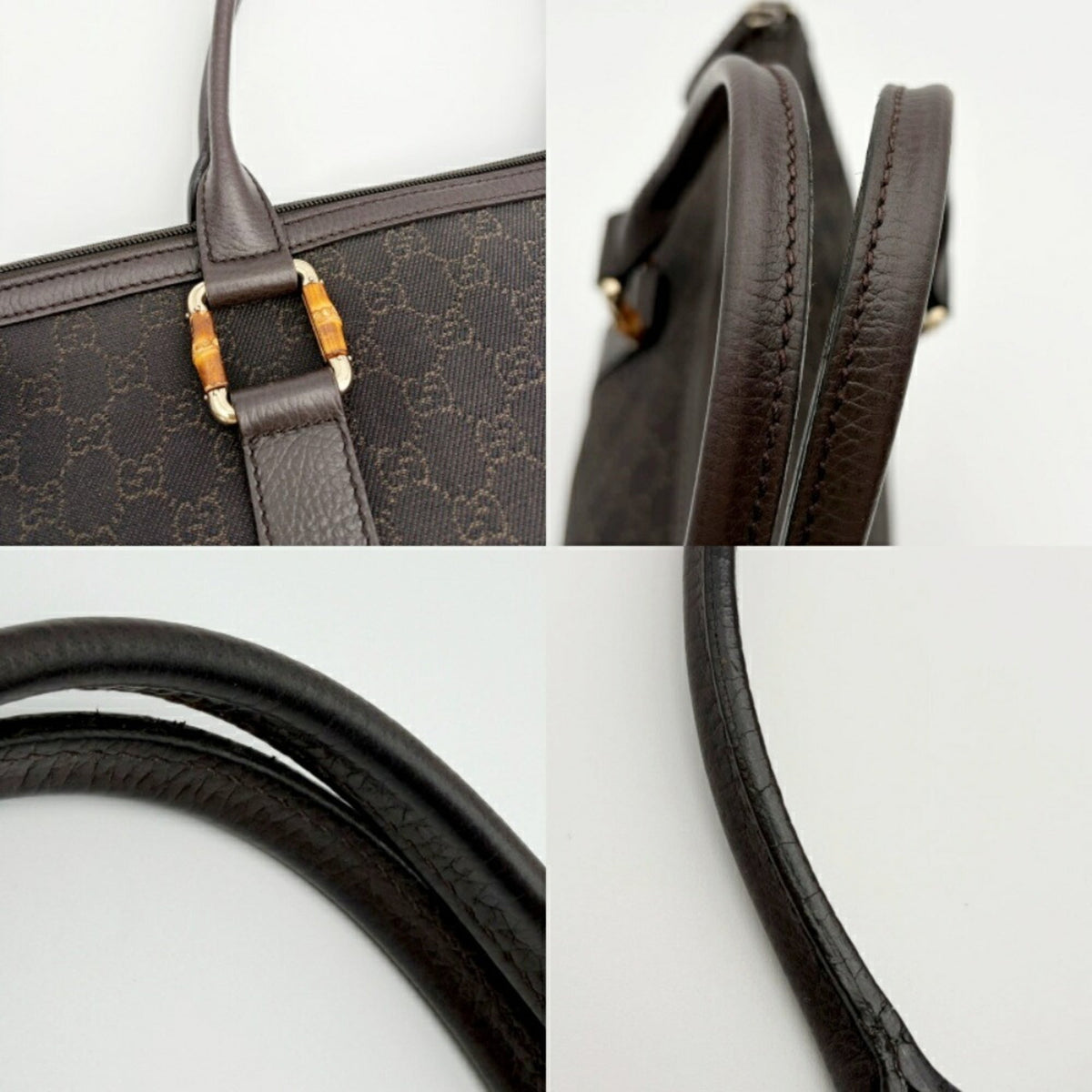 Gucci Dark Brown Canvas Bamboo Leather Tote Bag (Pre-Owned)