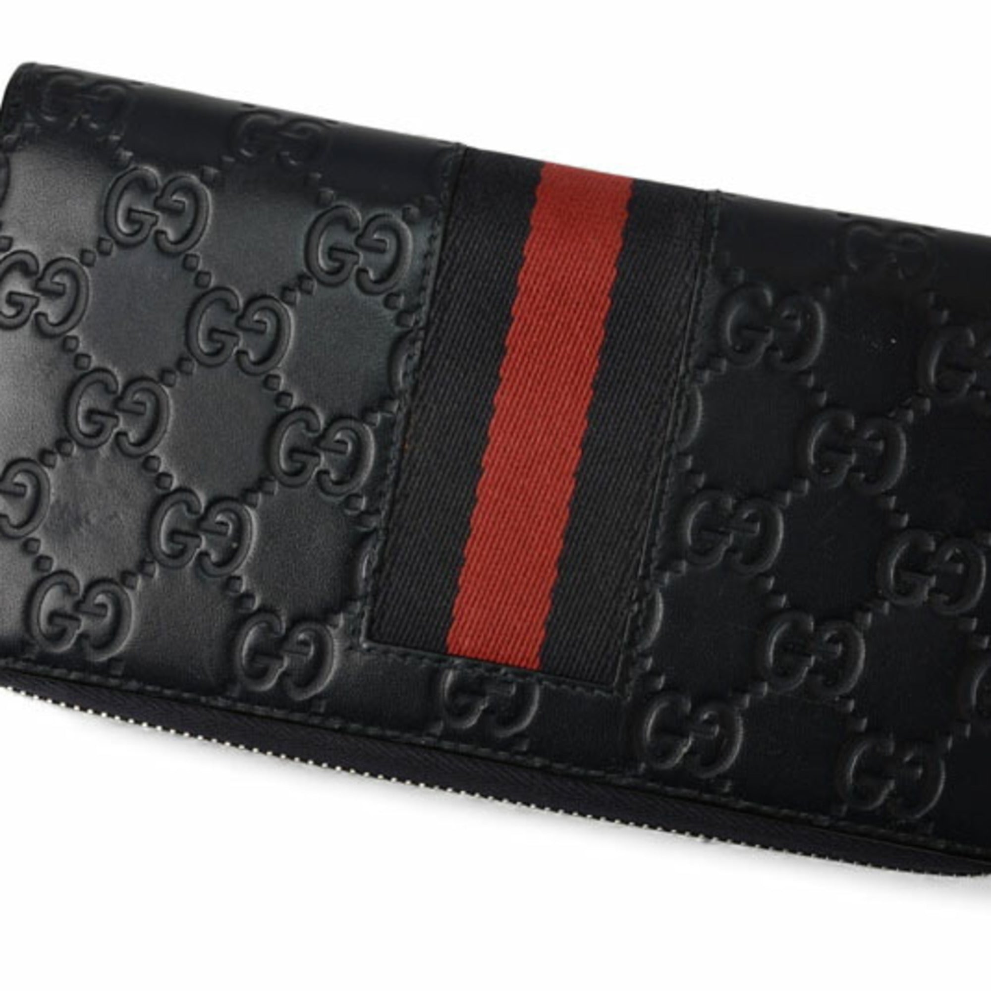 Gucci Dark Navy Red Color Leather Long Wallet (Bi-Fold) (Pre-Owned)