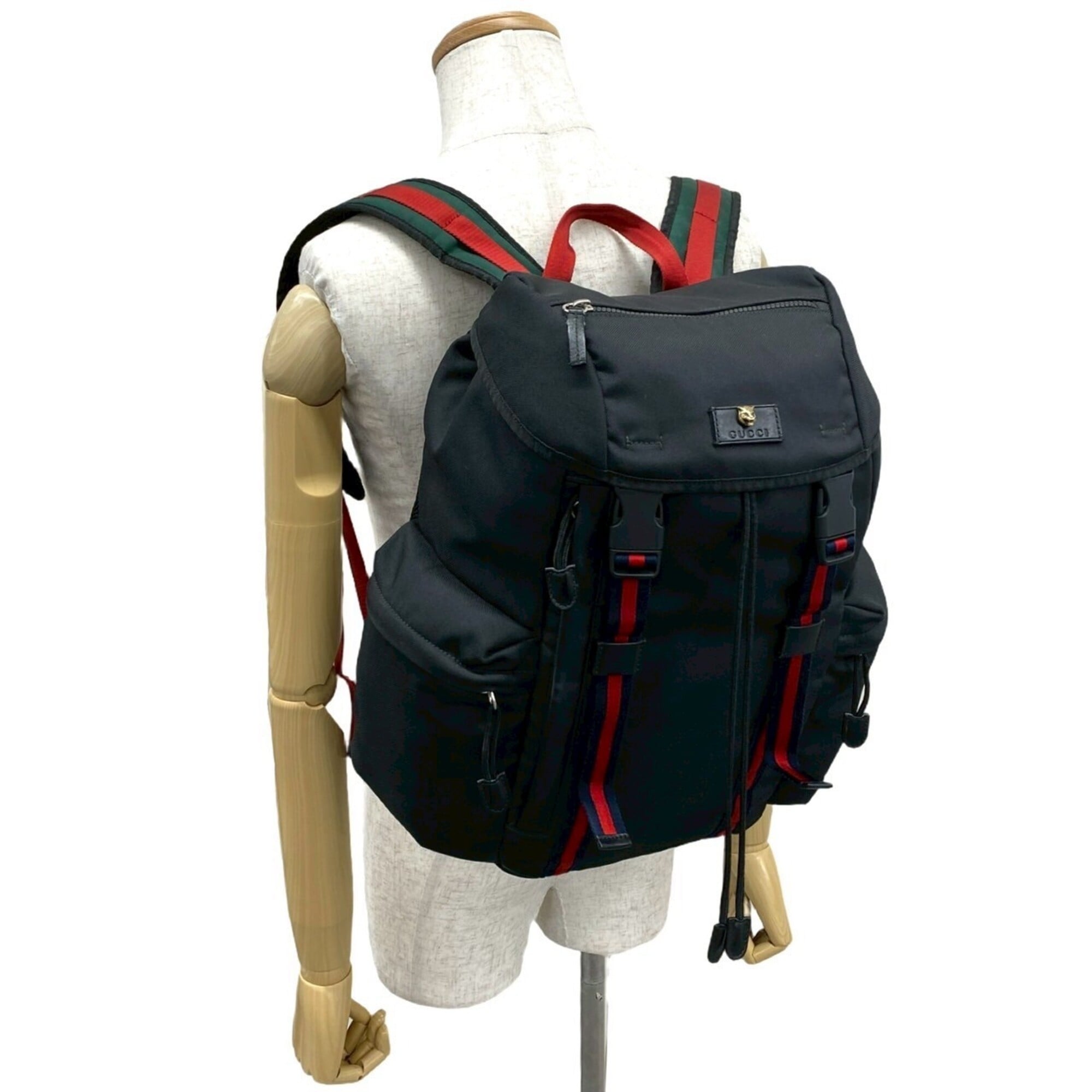 Gucci Black Navy Red Color Leather Canvas Backpack (Pre-Owned)