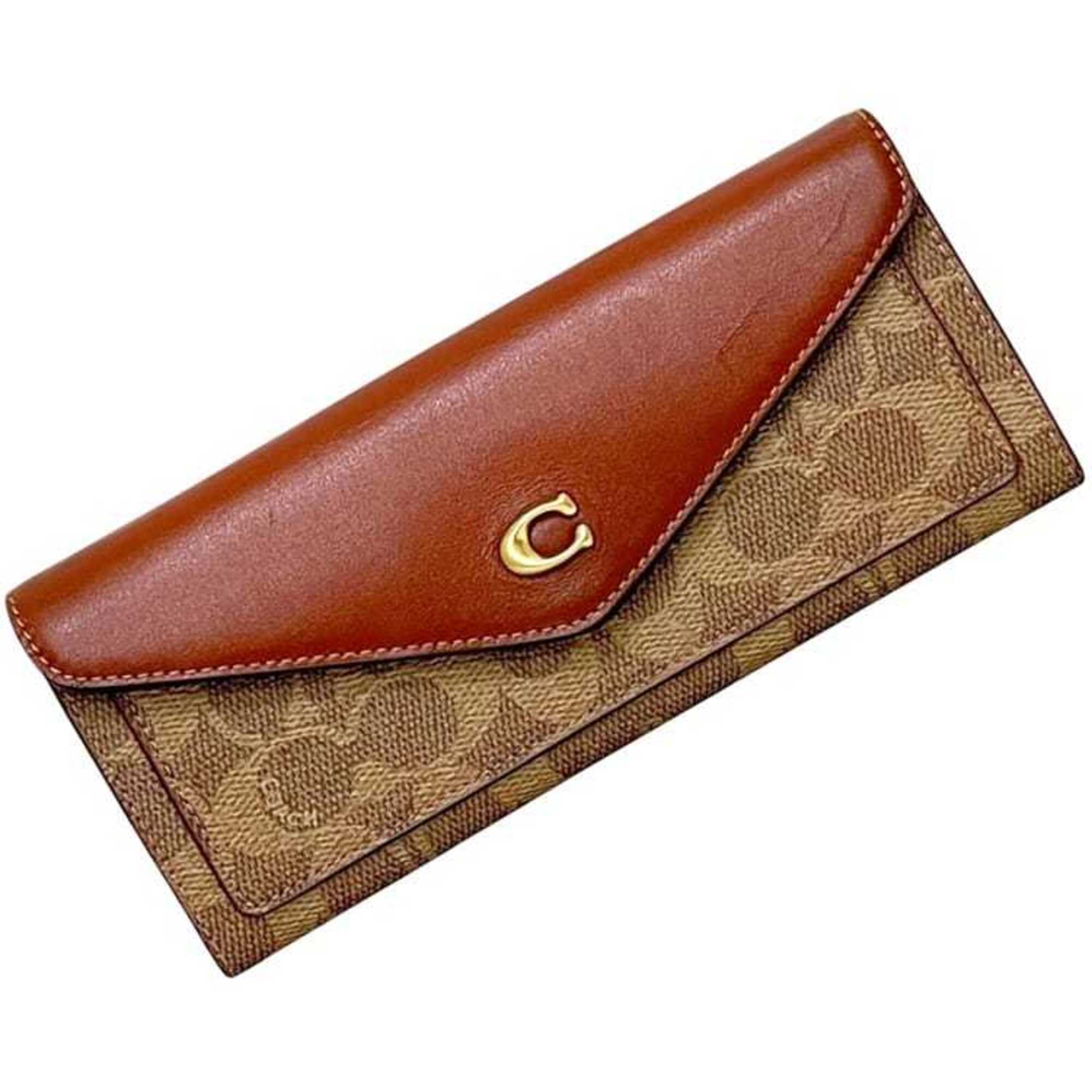Coach Signature Beige Brown Signature Line Long Wallet (Bi-Fold) (Pre-Owned)