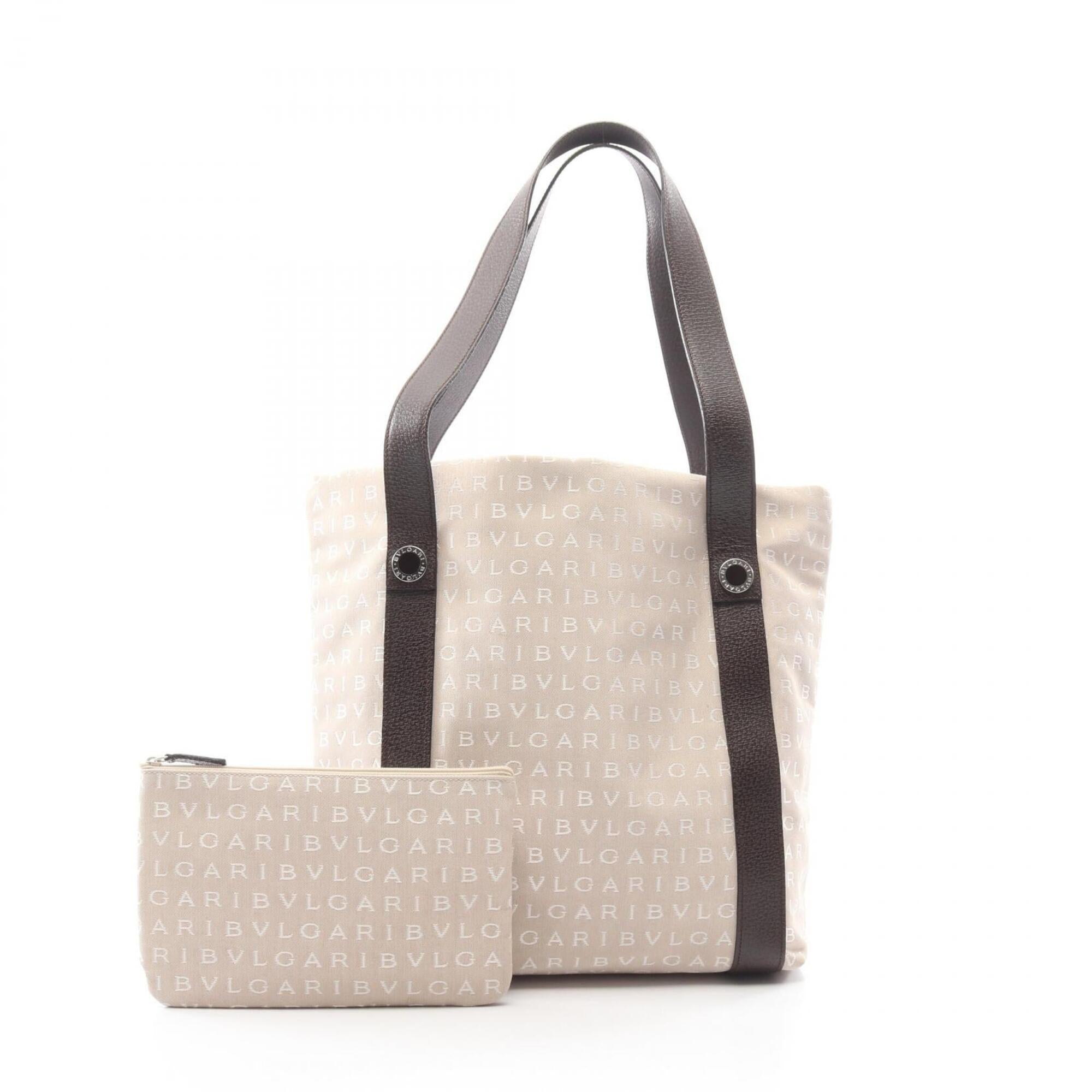 Bvlgari Beige Brown Canvas Leather Handbag Tote Bag (Pre-Owned)