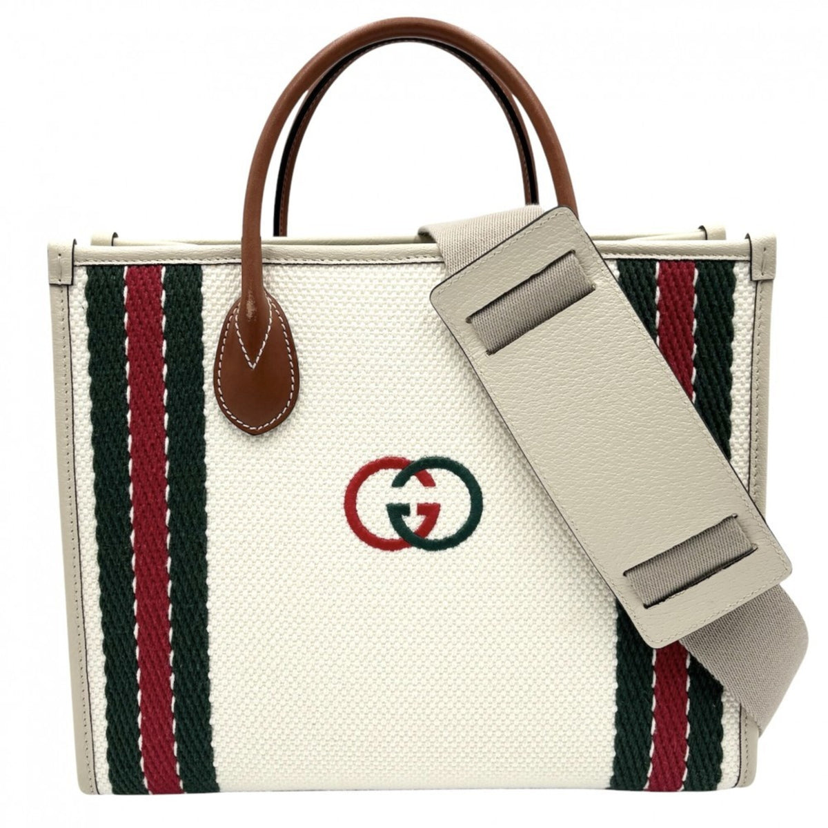 Gucci Ivory Canvas Leather Handbag Shoulder Bag Tote Bag (Pre-Owned)