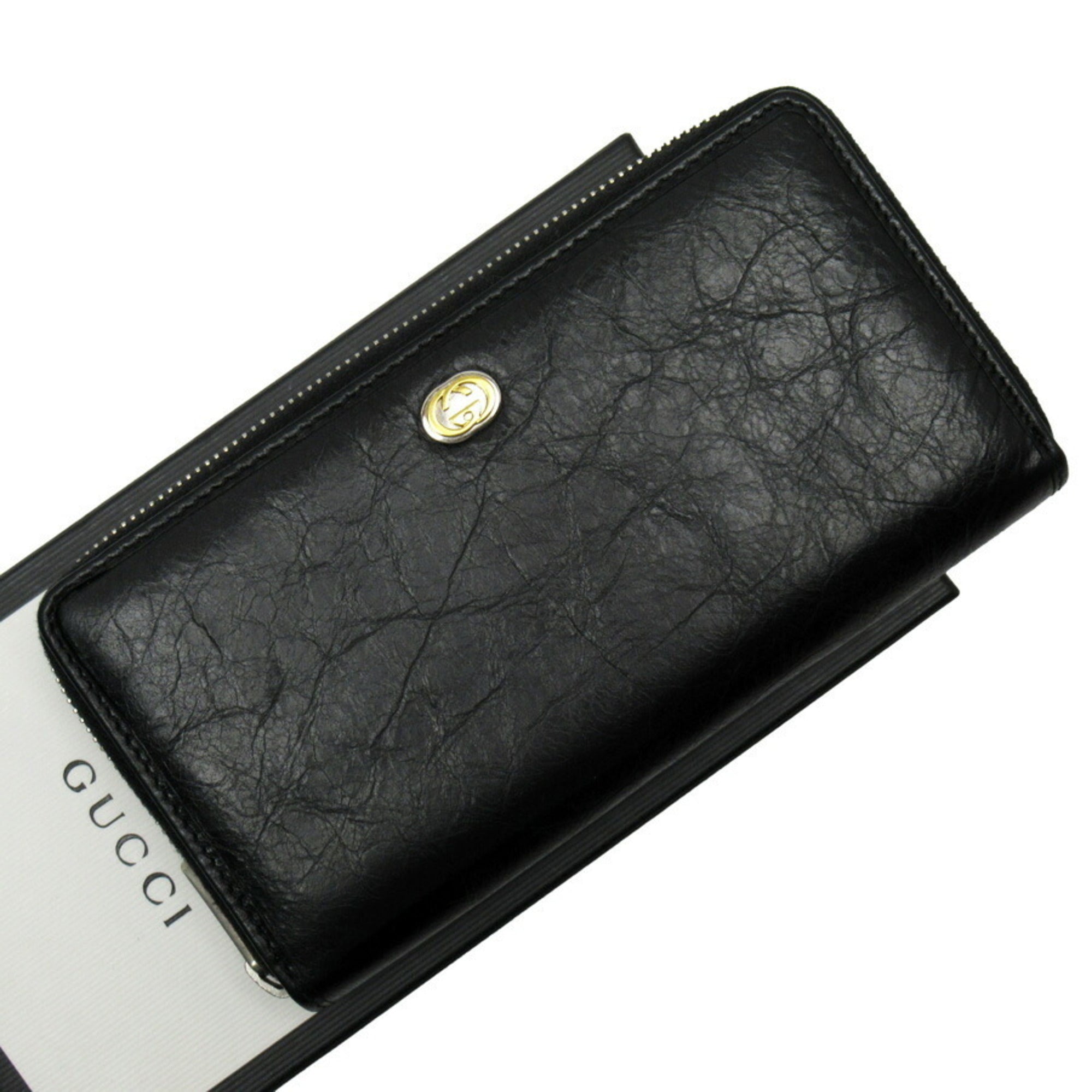 Gucci Black Gold Silver Leather Long Wallet (Bi-Fold) (Pre-Owned)