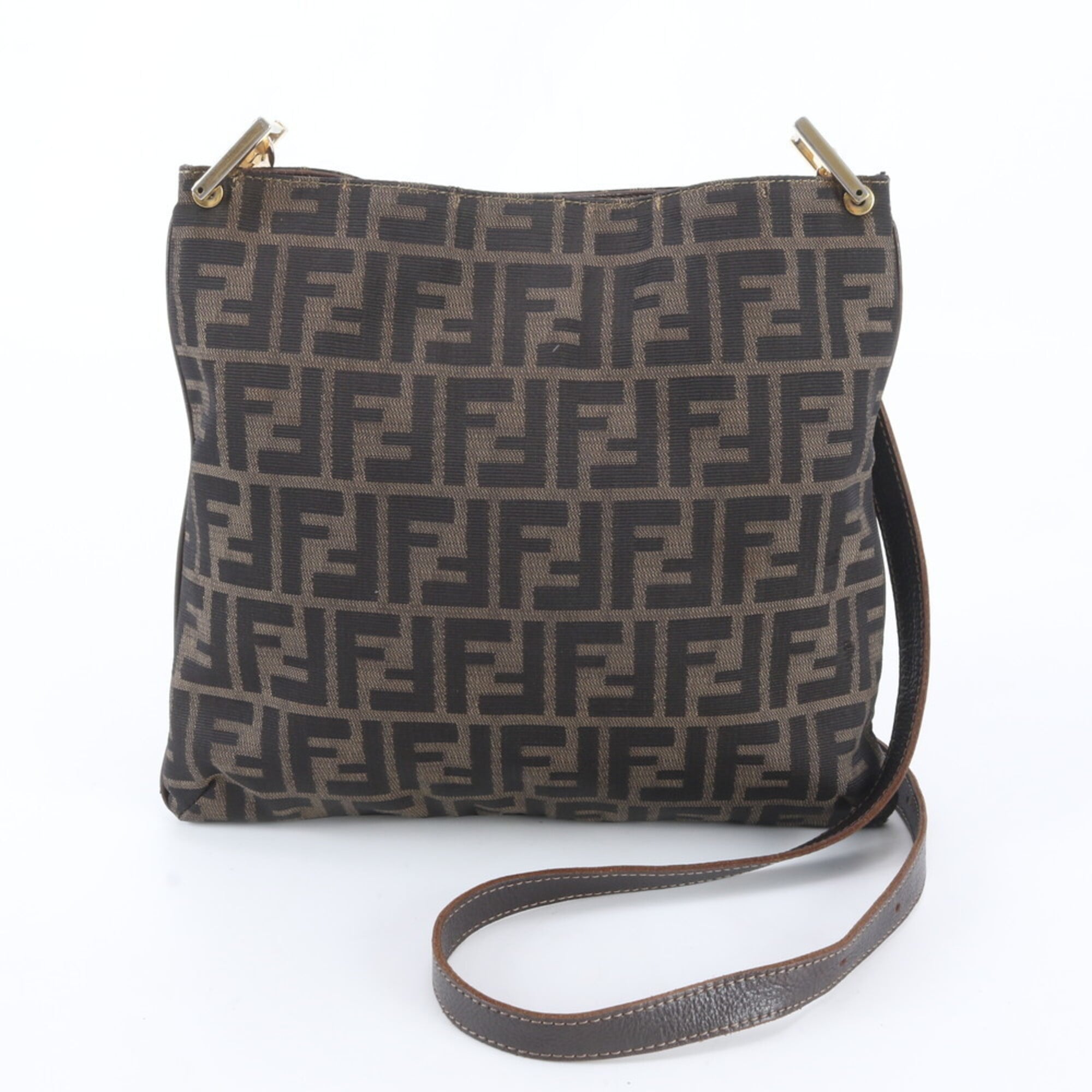 Fendi Black Brown Leather Nylon Messenger Bag Shoulder Bag Tote Bag (Pre-Owned)