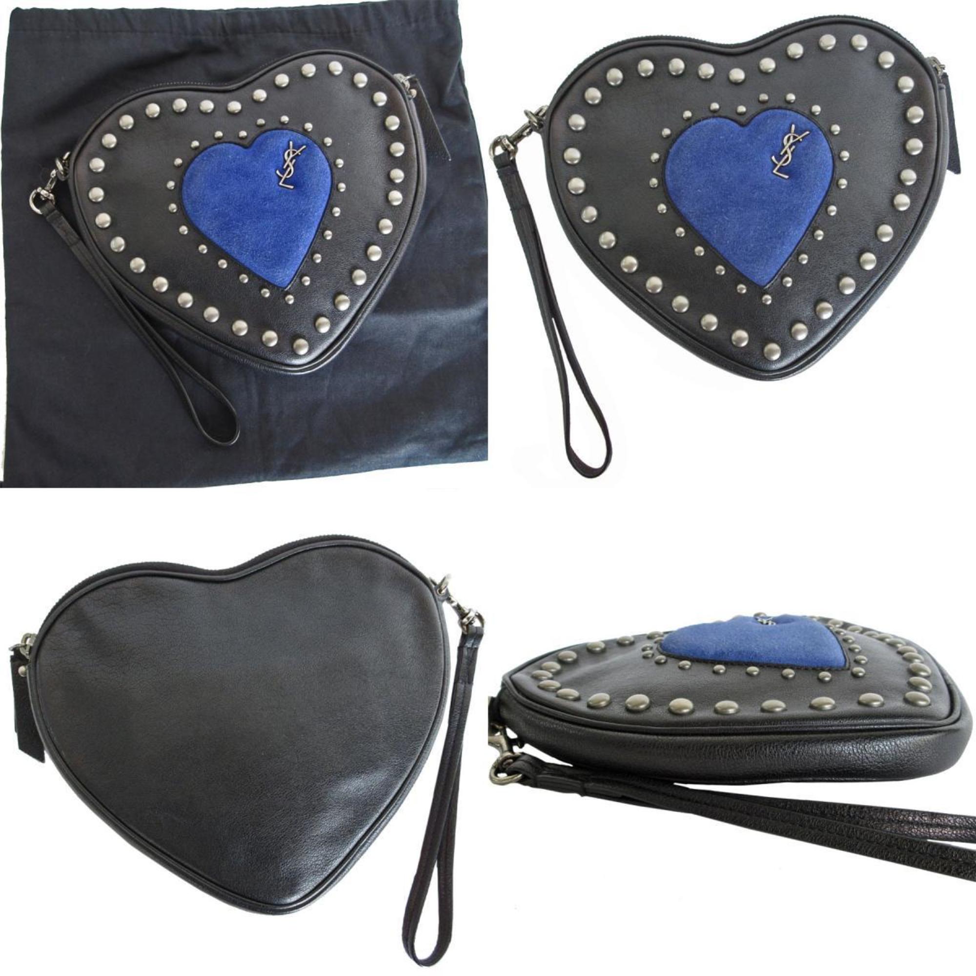 Saint Laurent Black Blue Leather Suede Clutch Bag (Pre-Owned)
