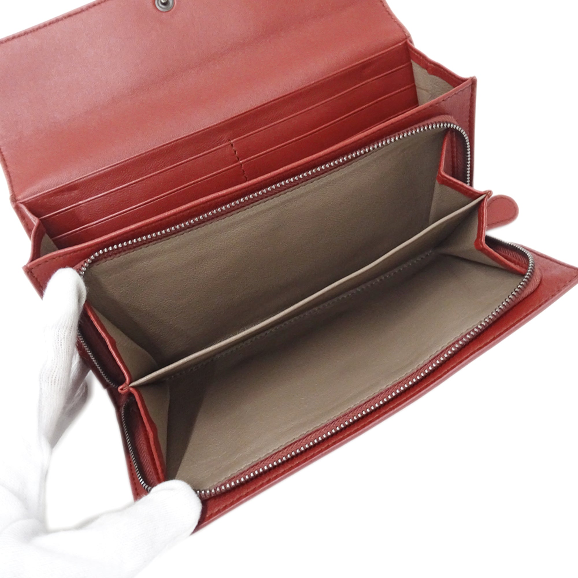 Bottega Veneta Pink Red Color Leather Long Wallet (Bi-Fold) (Pre-Owned)