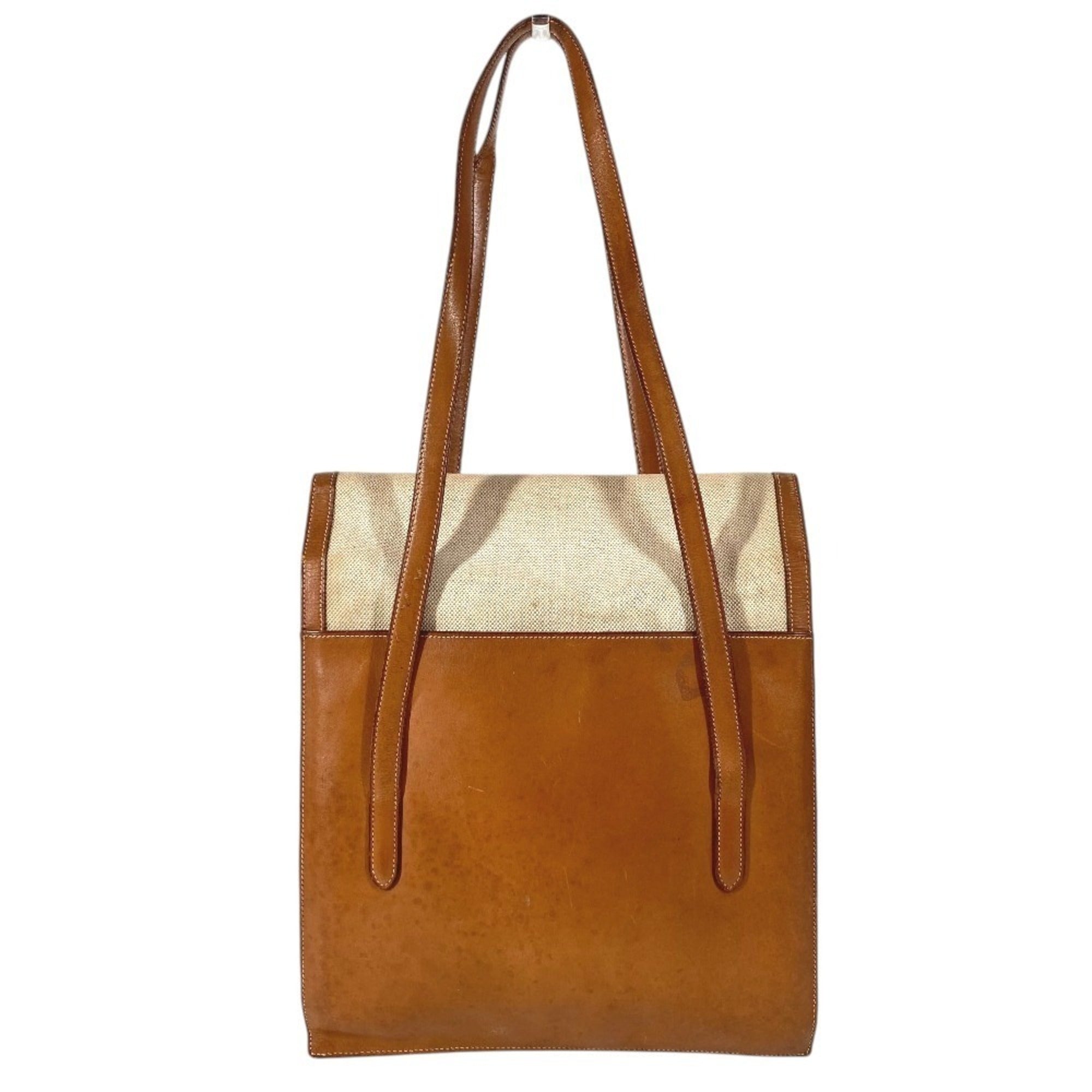 Hermes Beige Brown Leather Canvas Handbag Shoulder Bag (Pre-Owned)
