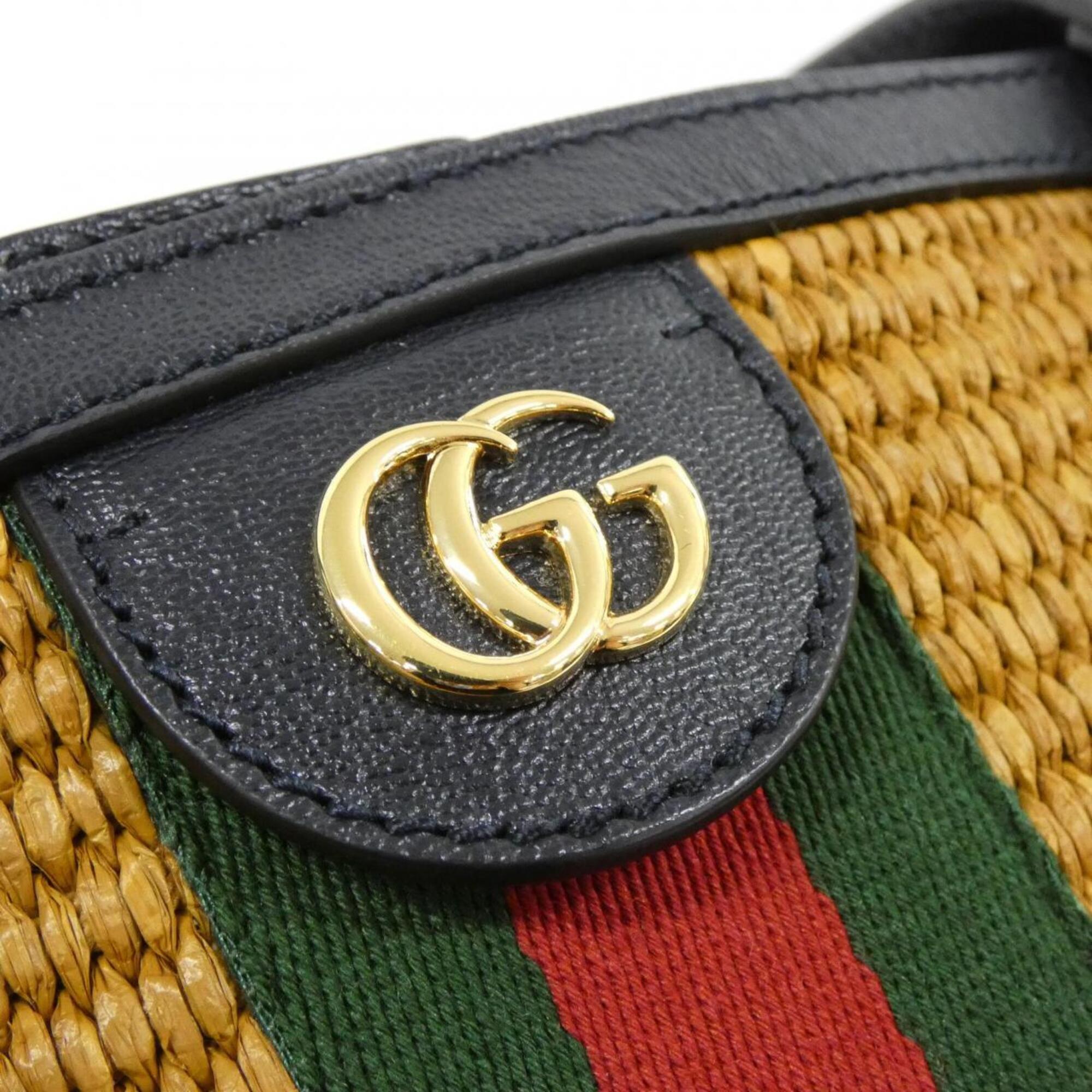 Gucci Ophidia Camel Navy Straw Leather Handbag (Pre-Owned)