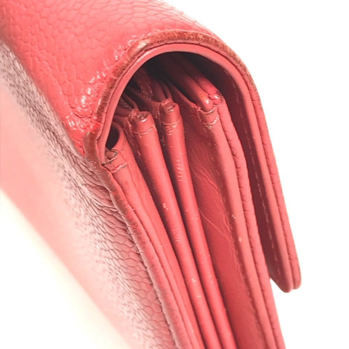 Chanel Red Color Grained Calfskin Long Wallet (Bi-Fold) (Pre-Owned)
