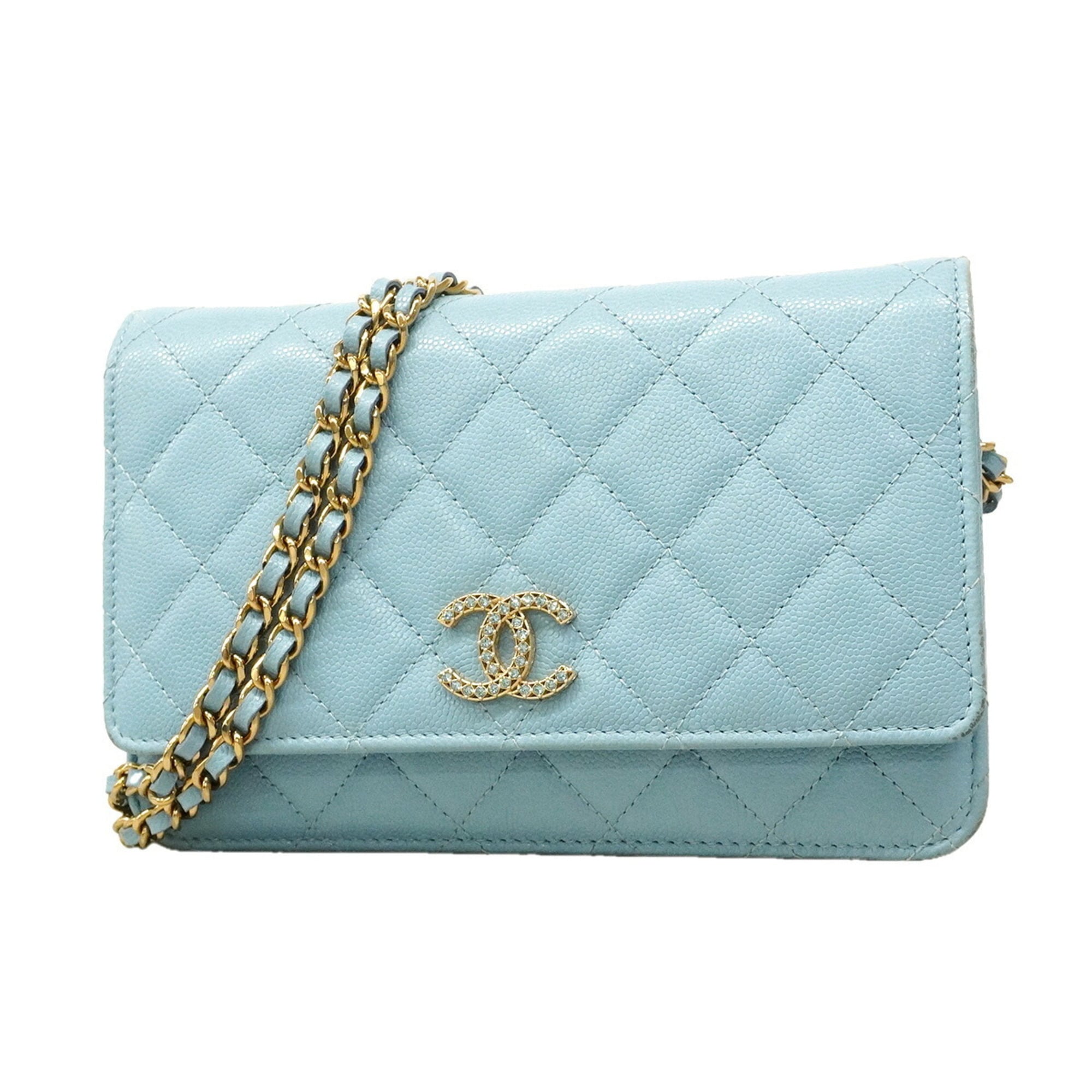 Chanel Light Blue Grained Calfskin Chain/Shoulder Wallet (Pre-Owned)