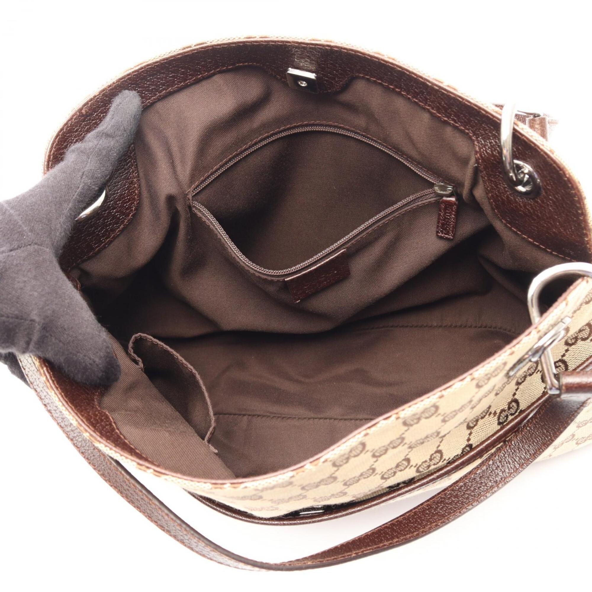 Gucci Beige Brown Leather Canvas Handbag Shoulder Bag (Pre-Owned)