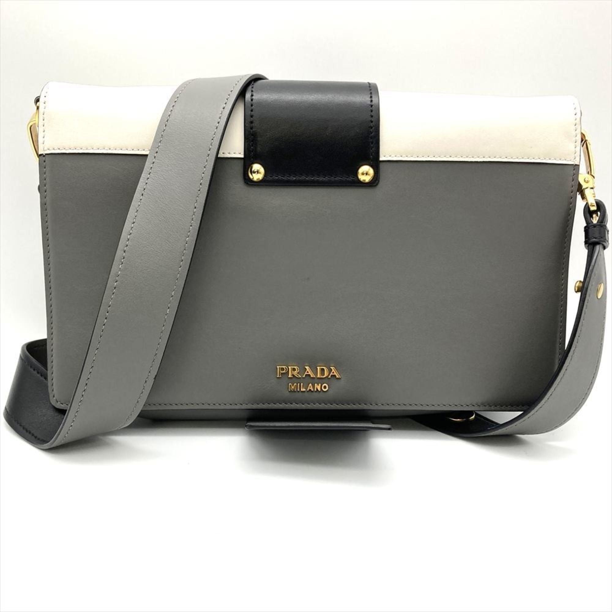 Prada Gray Multi-Color White Leather Shoulder Bag (Pre-Owned)