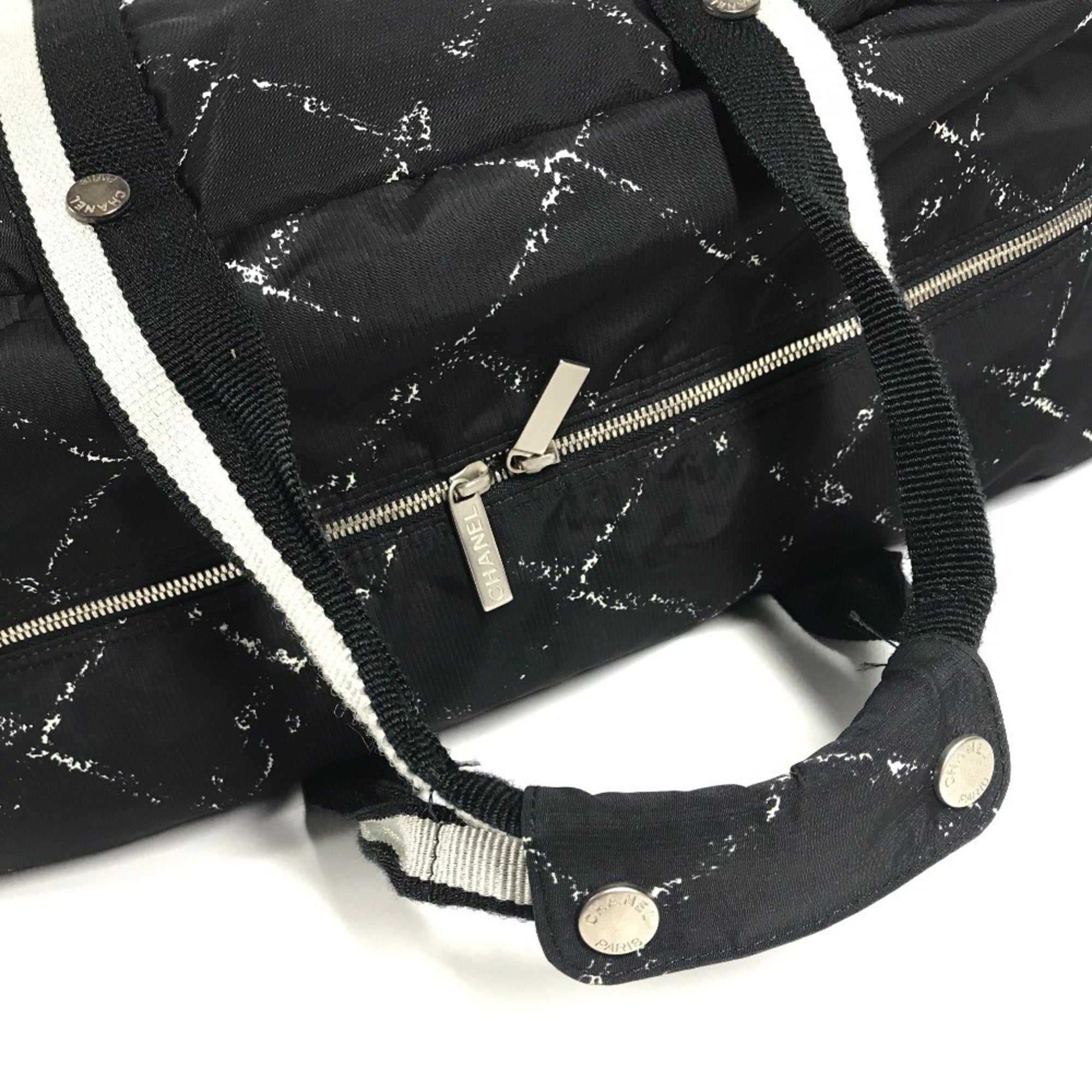 Chanel Black White Nylon Boston Bag Shoulder Bag (Pre-Owned)