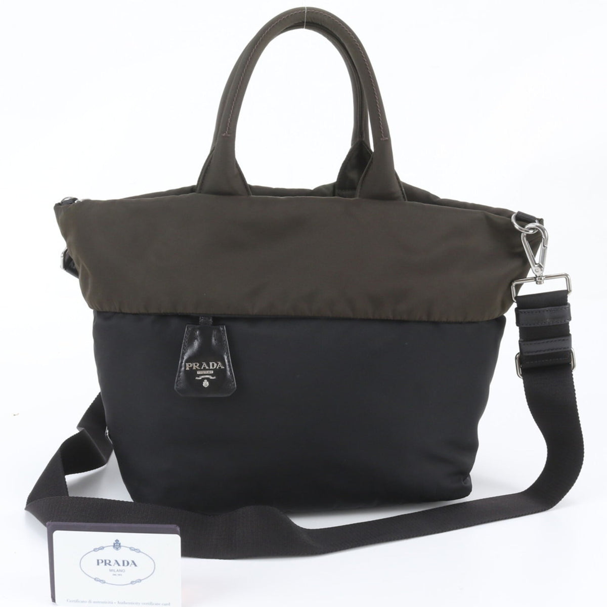Prada Black Khaki Leather Nylon Shoulder Bag Tote Bag (Pre-Owned)