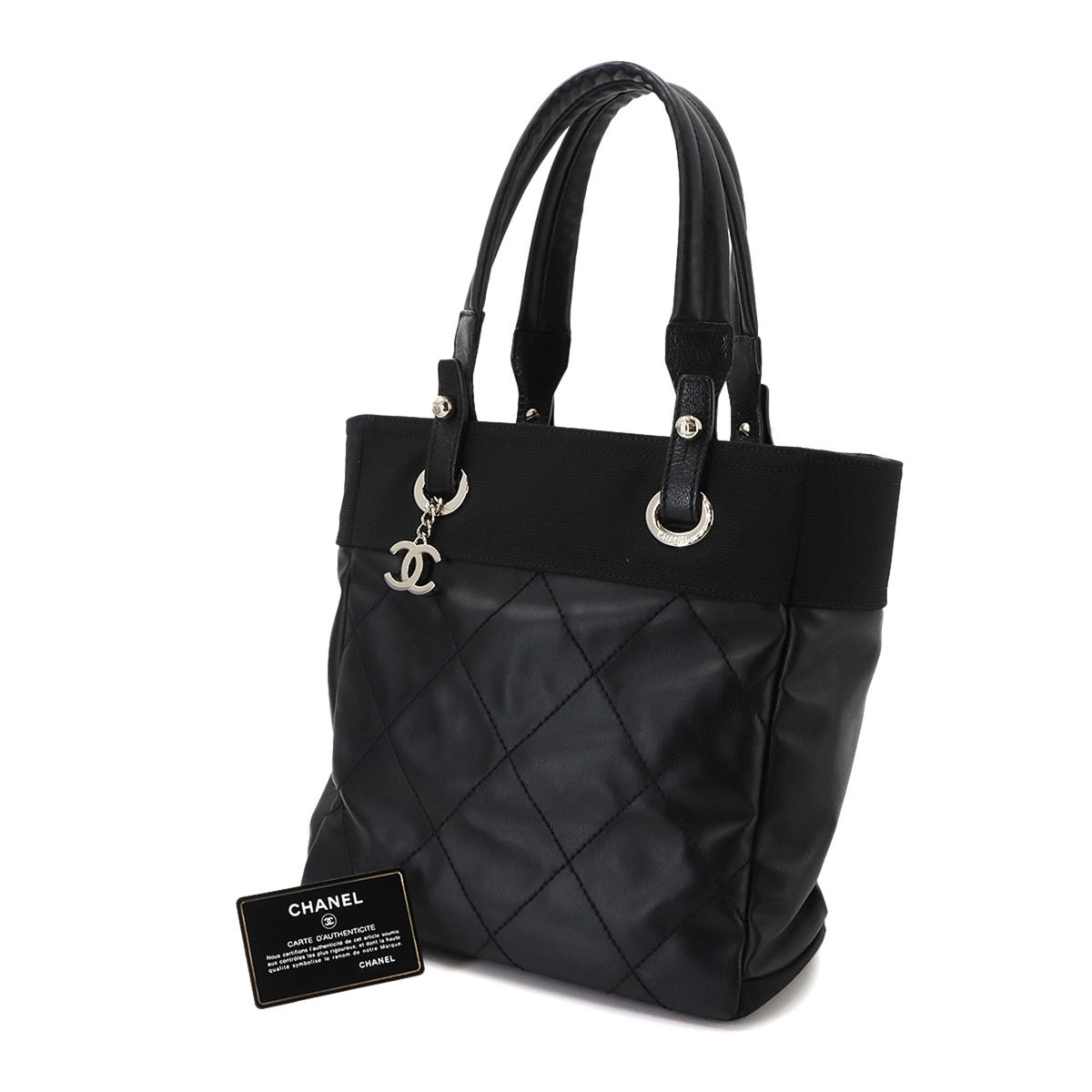 Chanel Paris Biarritz Black Nylon Pvc Leather Handbag Tote Bag (Pre-Owned)