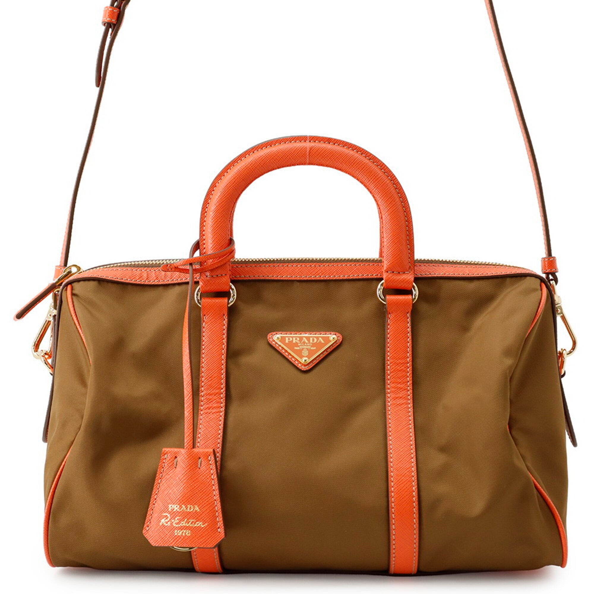 Prada Khaki Orange Nylon Leather Handbag Shoulder Bag (Pre-Owned)