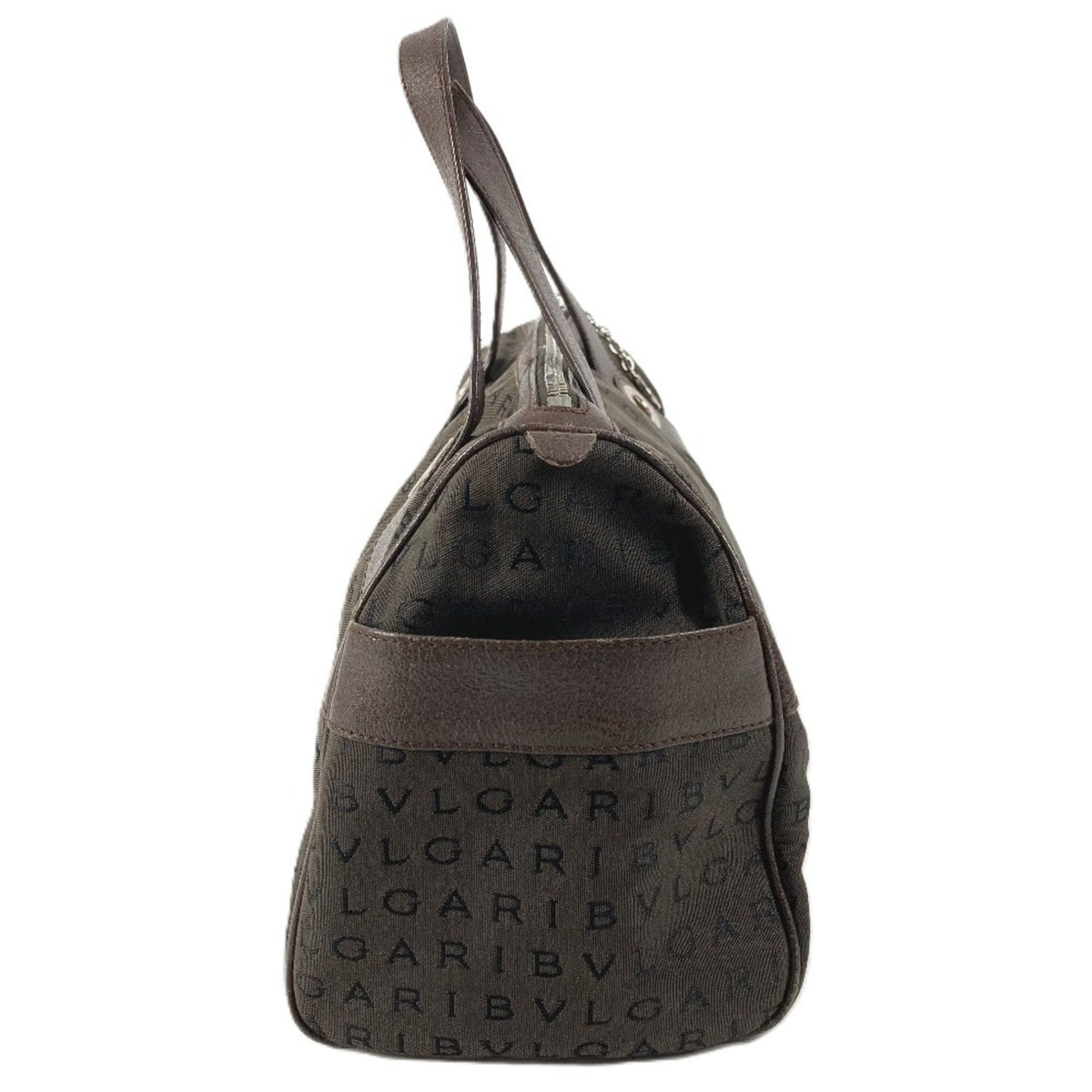 Bvlgari Logomania Brown Leather Canvas Boston Bag Handbag Tote Bag (Pre-Owned)