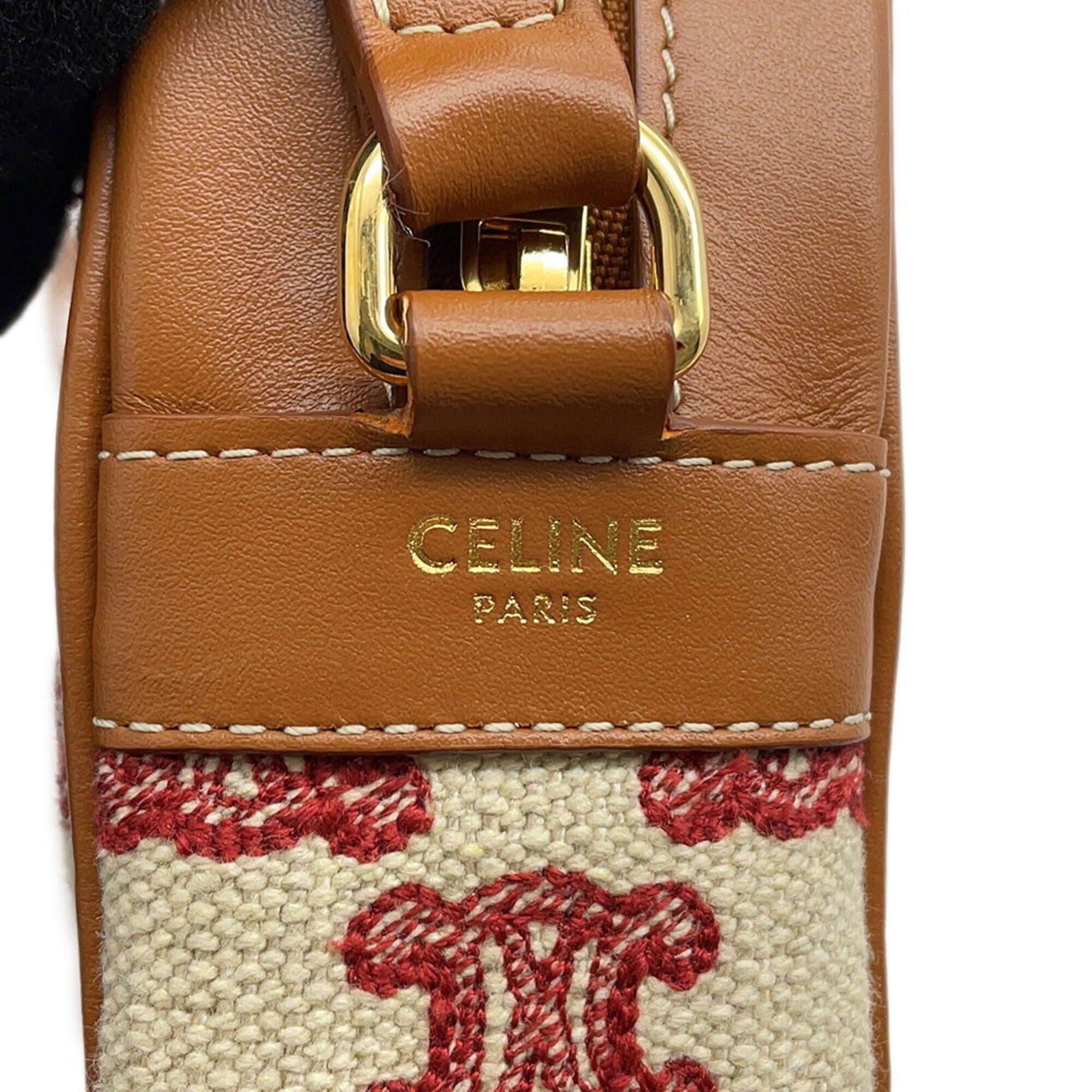 Celine Brown Red Color White Canvas Leather Handbag Shoulder Bag (Pre-Owned)