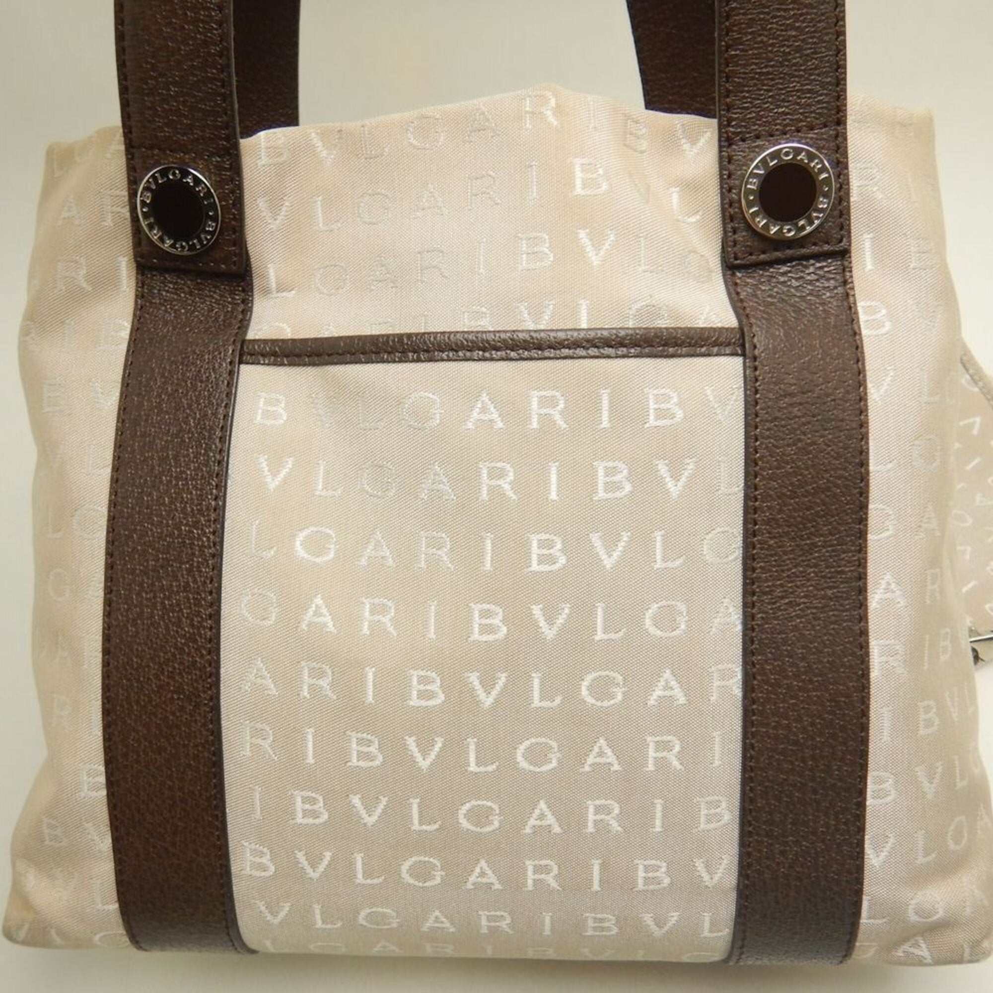 Bvlgari Logomania Beige Brown Canvas Leather Tote Bag (Pre-Owned)