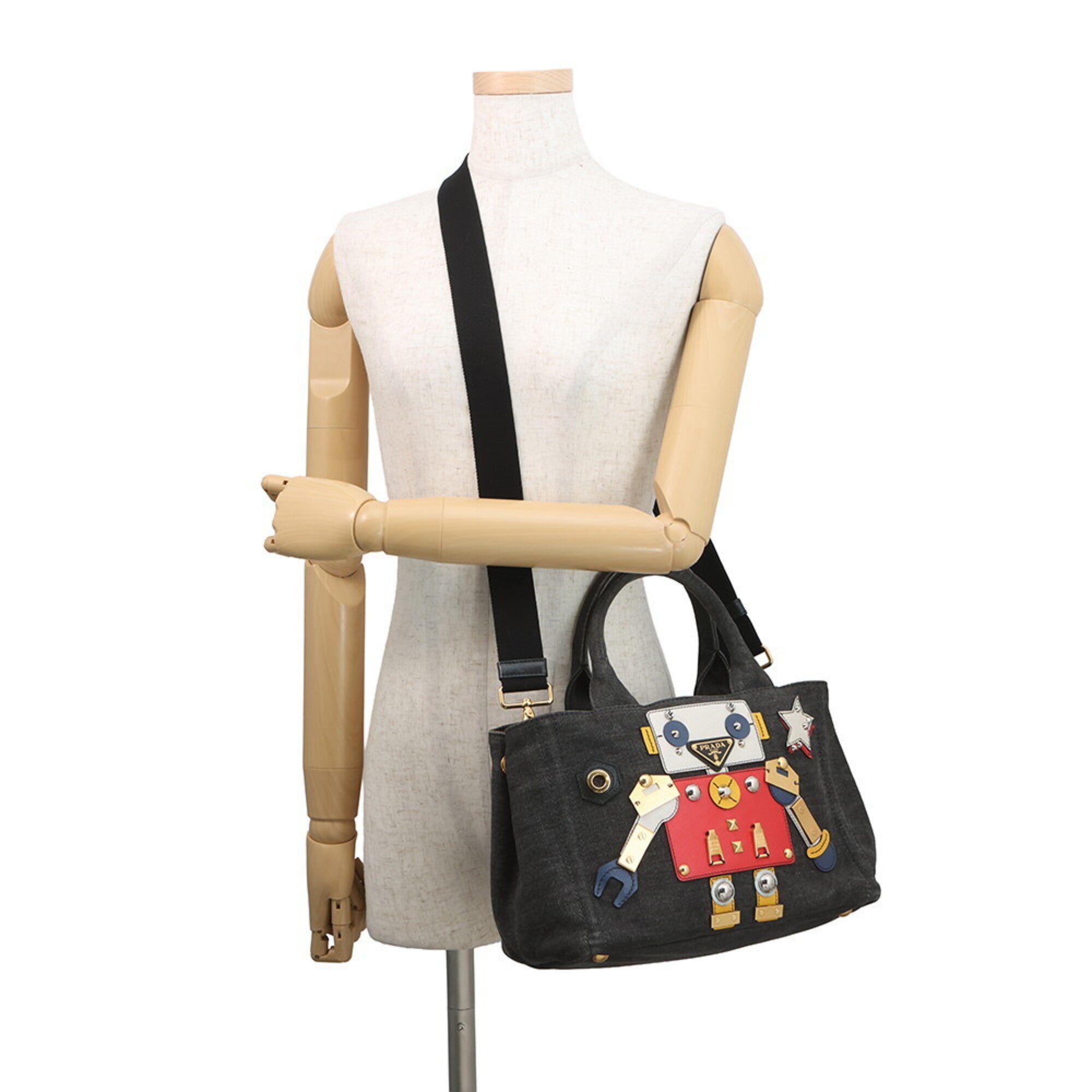 Prada Black Multi-Color Leather Denim Handbag Shoulder Bag Tote Bag (Pre-Owned)