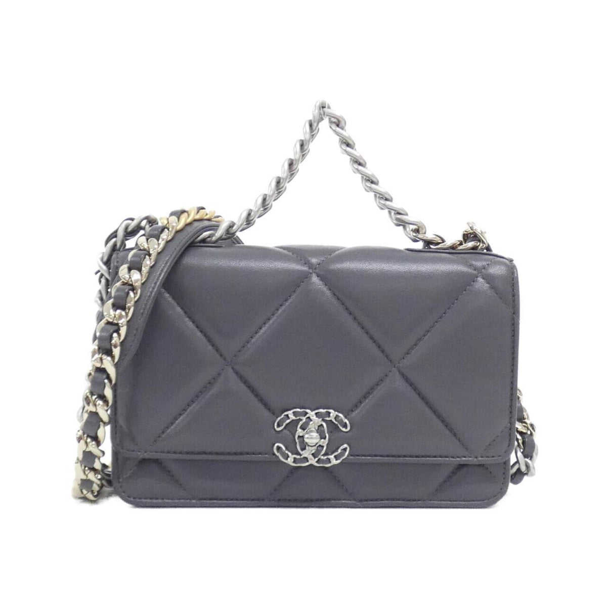 Chanel Gray Leather Chain/Shoulder Wallet (Pre-Owned)