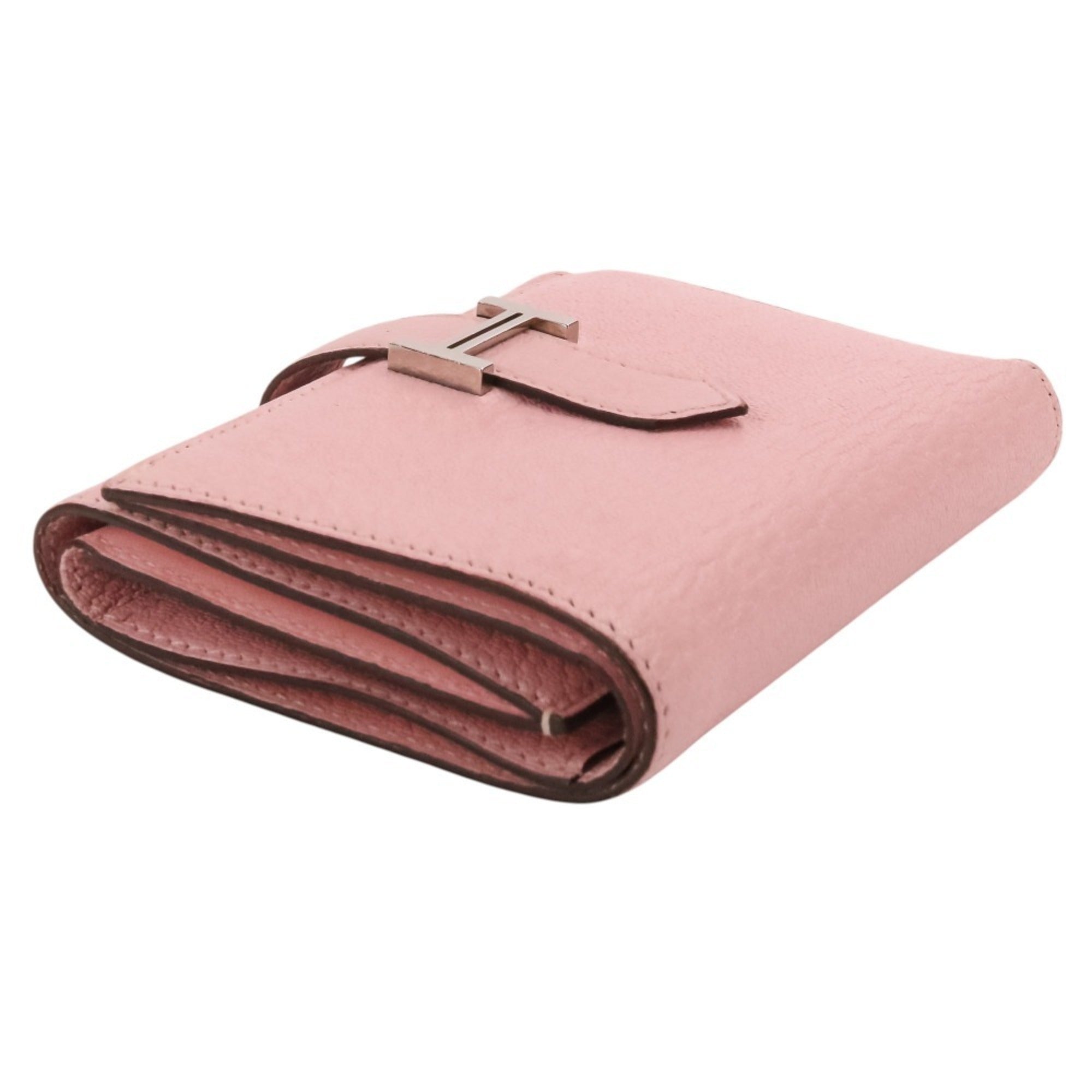 Hermes Black Pink Rose Sakura Chevre Leather Wallet (Tri-Fold) (Pre-Owned)