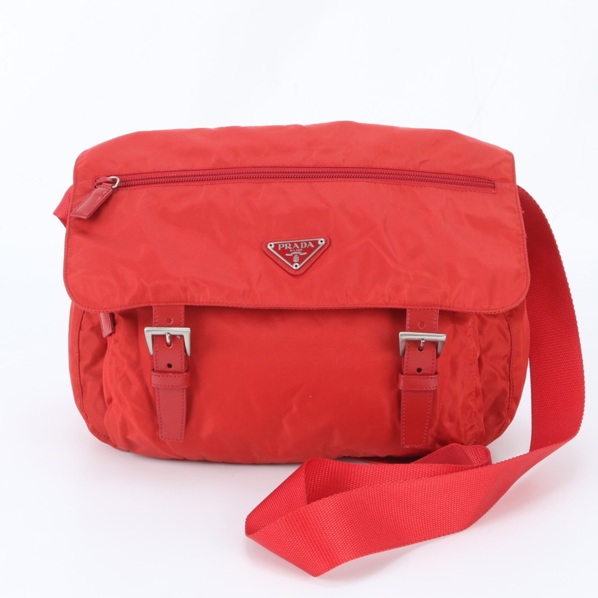 Prada Red Color Nylon Leather Shoulder Bag (Pre-Owned)