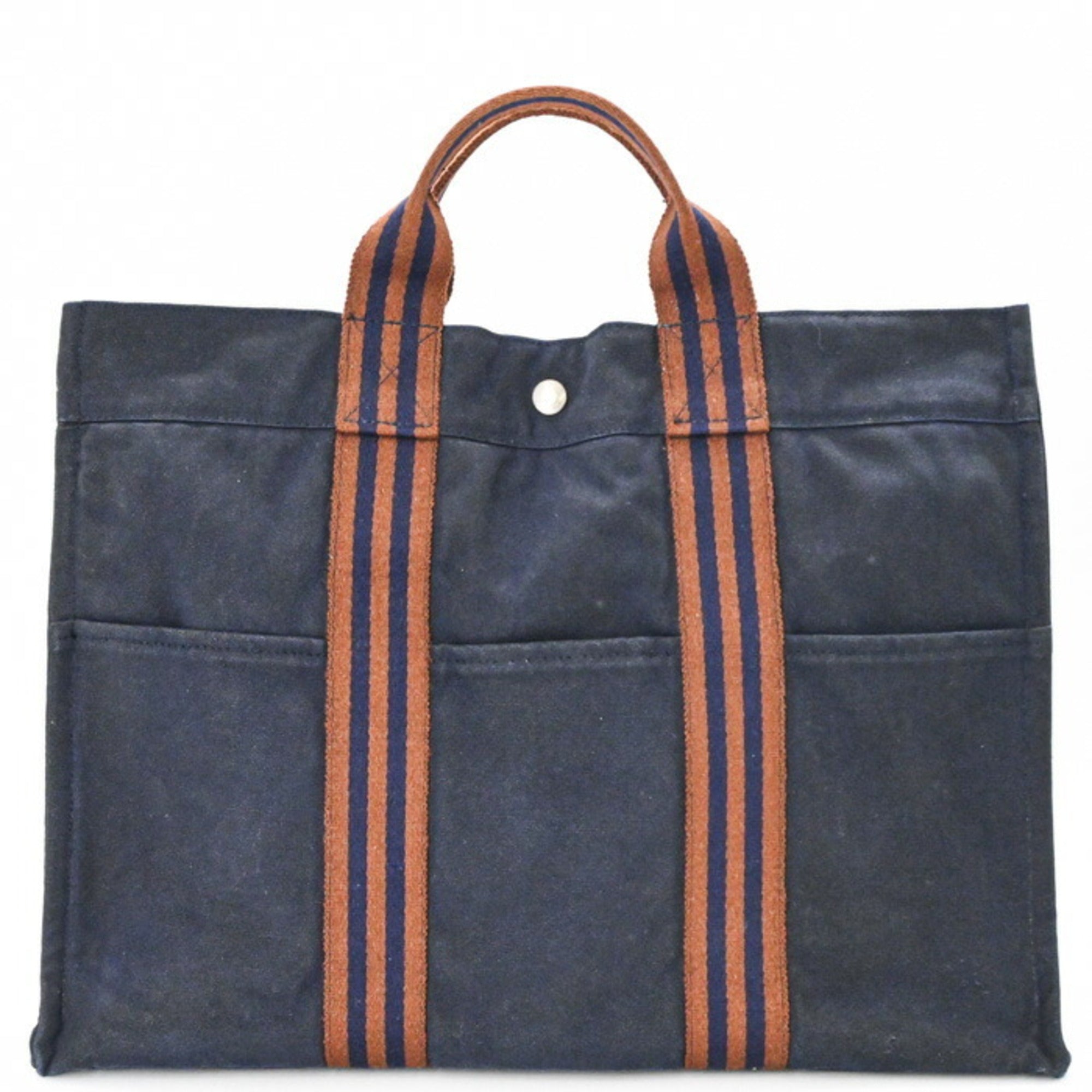 Hermes Brown Navy Canvas Handbag Tote Bag (Pre-Owned)
