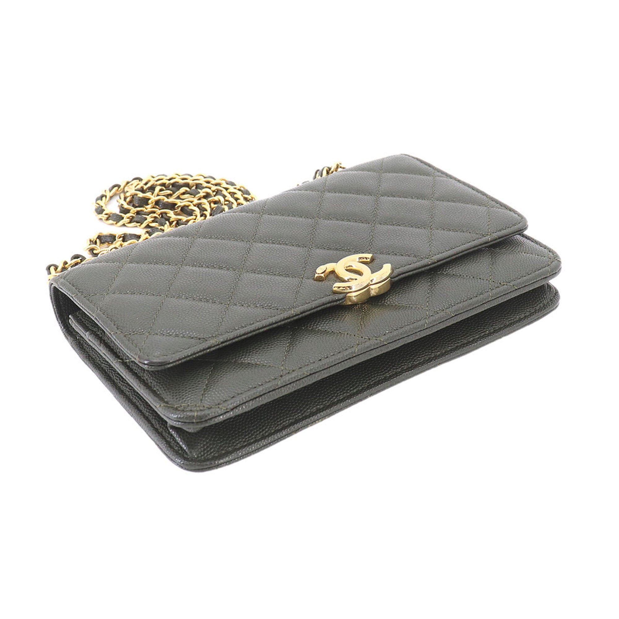 Chanel Green Leather Chain/Shoulder Wallet (Pre-Owned)