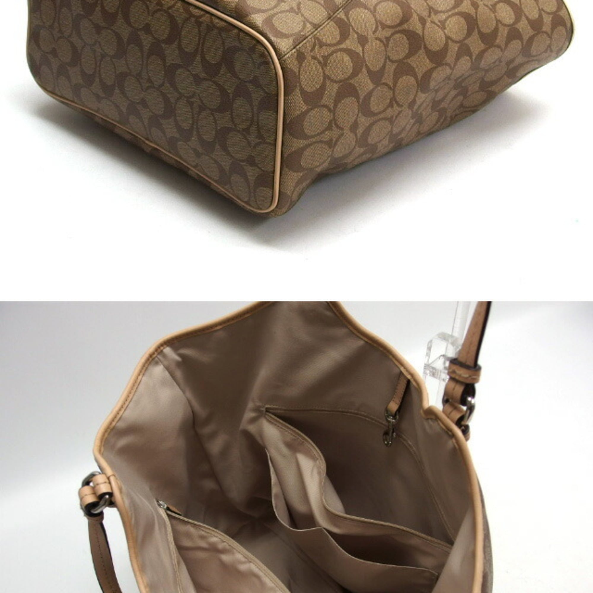 Coach Beige Brown Coated Canvas Leather Shoulder Bag Tote Bag (Pre-Owned)