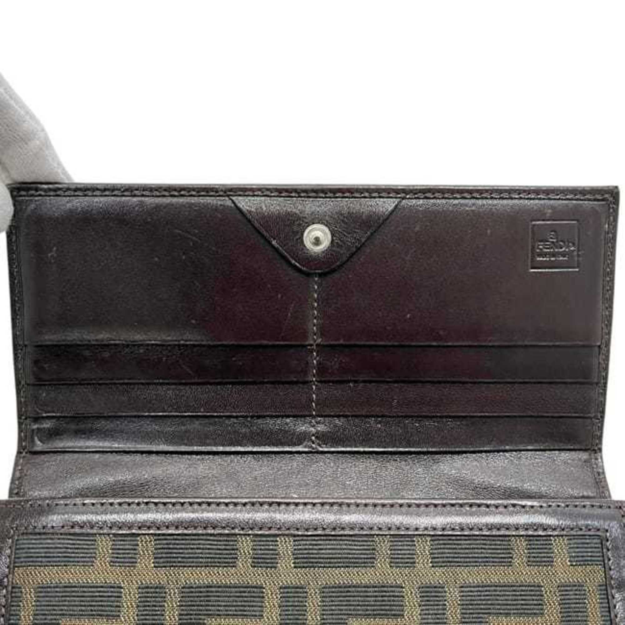 Fendi Brown Green Khaki Canvas Leather Long Wallet (Bi-Fold) (Pre-Owned)