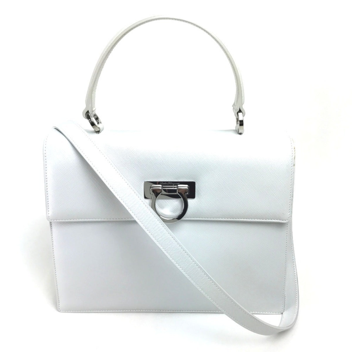 Salvatore Ferragamo Gancini White Leather Handbag Shoulder Bag (Pre-Owned)