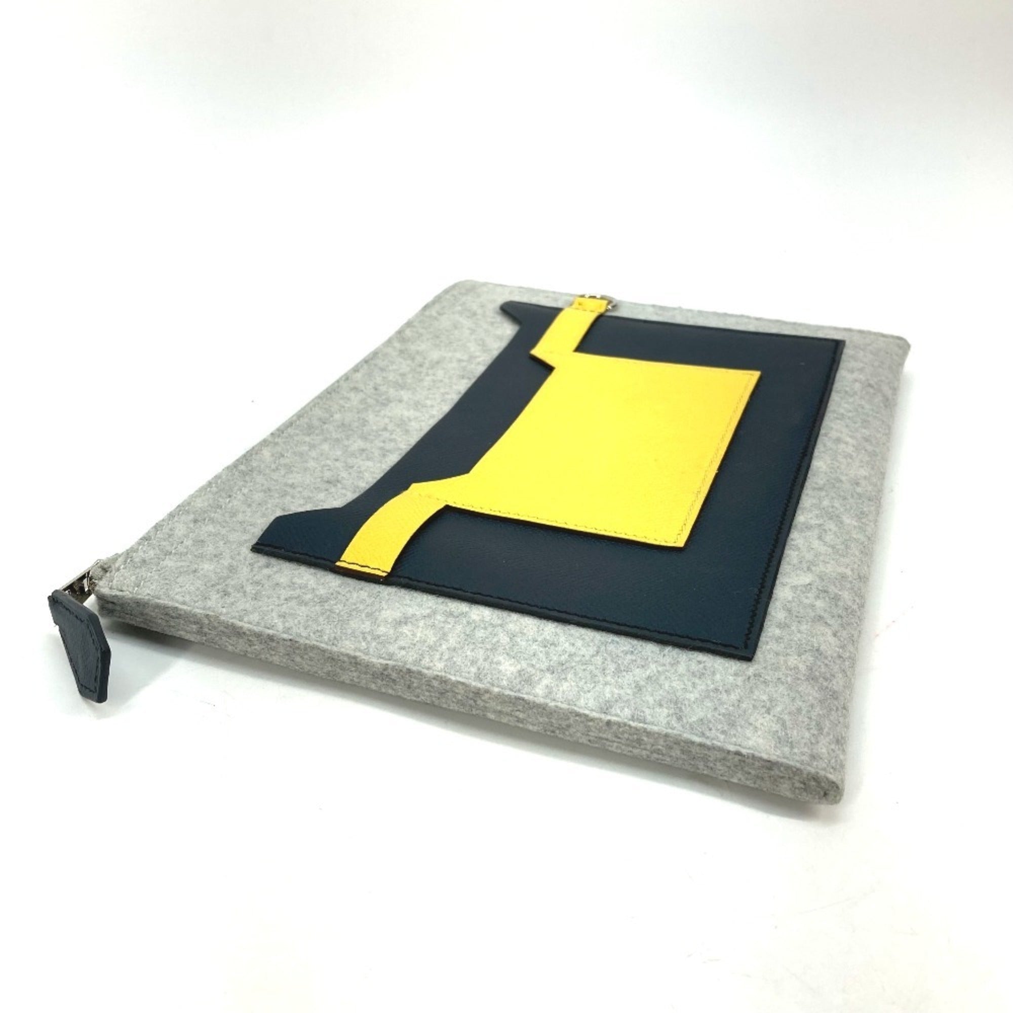 Hermes Gray Yellow Felt Epsom Leather Clutch Bag Pouch (Pre-Owned)