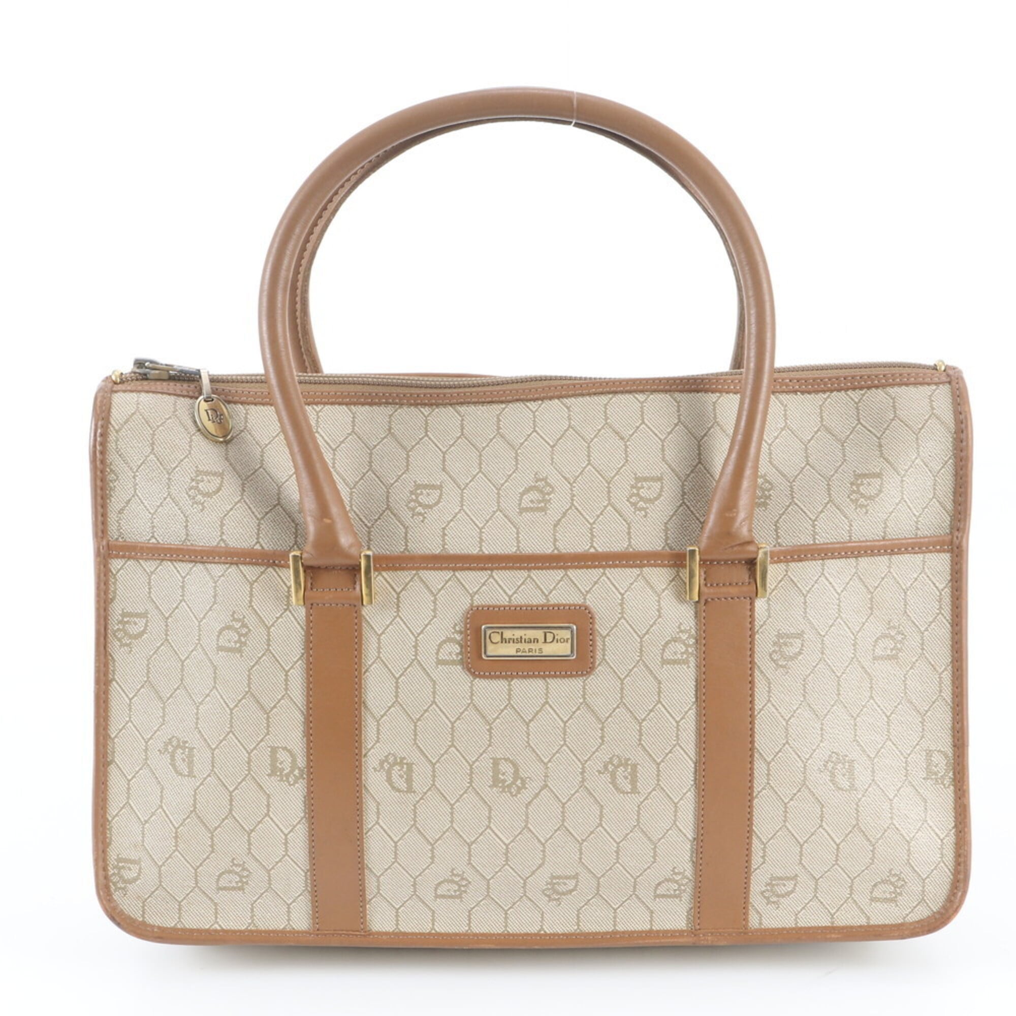 Christian Dior Beige Leather Coated Canvas Handbag Tote Bag (Pre-Owned)